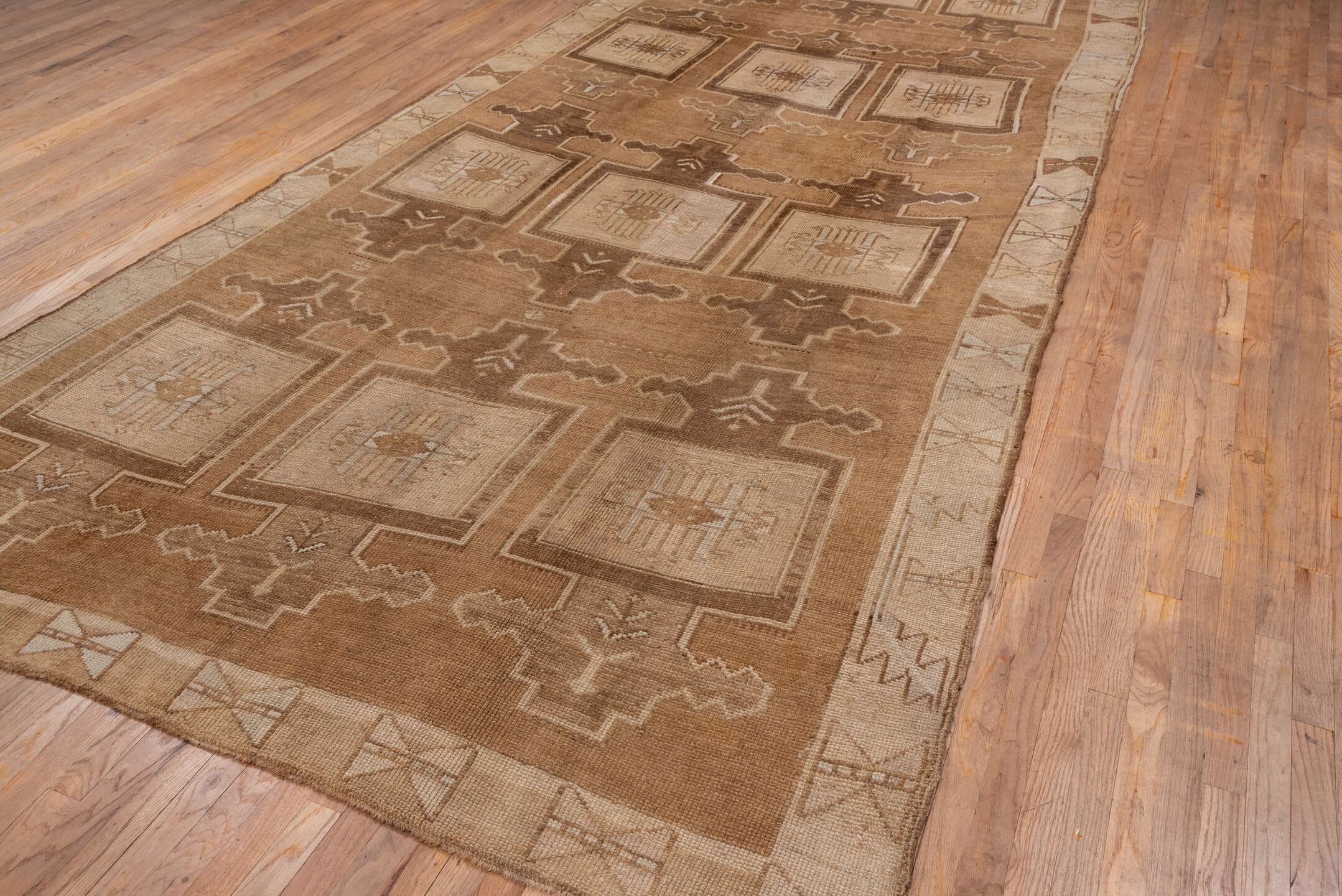 6' x 15' one-of-a-kind handmade vintage Oushak rug. Color palette: camel, taupe, ivory, beige, sand, light brown, gray