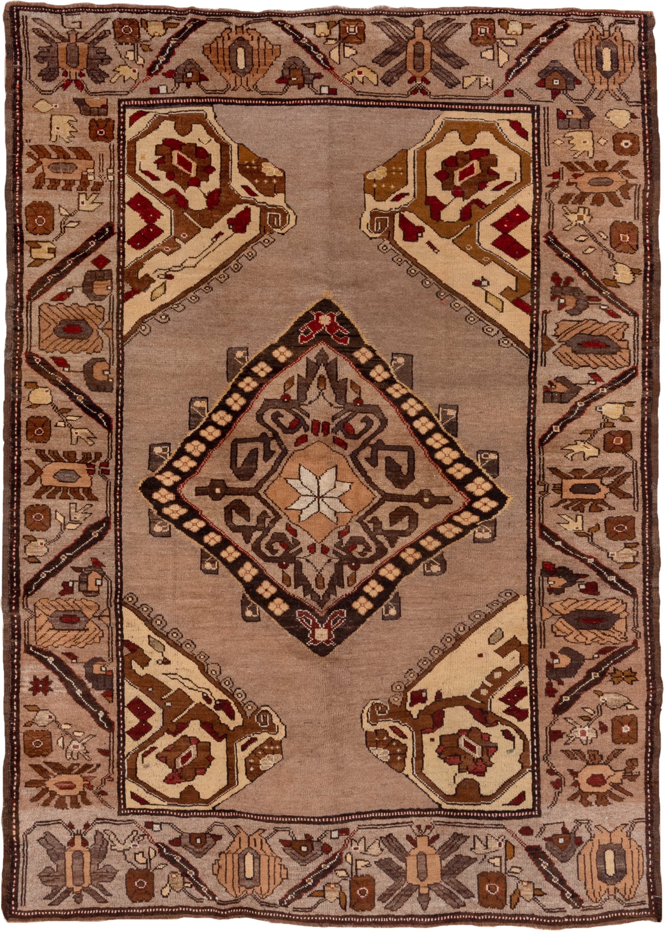 7' x 9' one-of-a-kind handmade vintage Kars rug. Color palette: taupe, brown, ivory, walnut, rust, charcoal, camel, burgundy