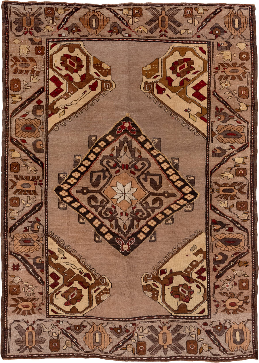 7' x 9' one-of-a-kind handmade vintage Kars rug. Color palette: taupe, brown, ivory, walnut, rust, charcoal, camel, burgundy