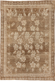 7' x 10' one-of-a-kind handmade vintage Oushak large size rug. Color palette: taupe, ivory, camel, beige, sand, brown, gray