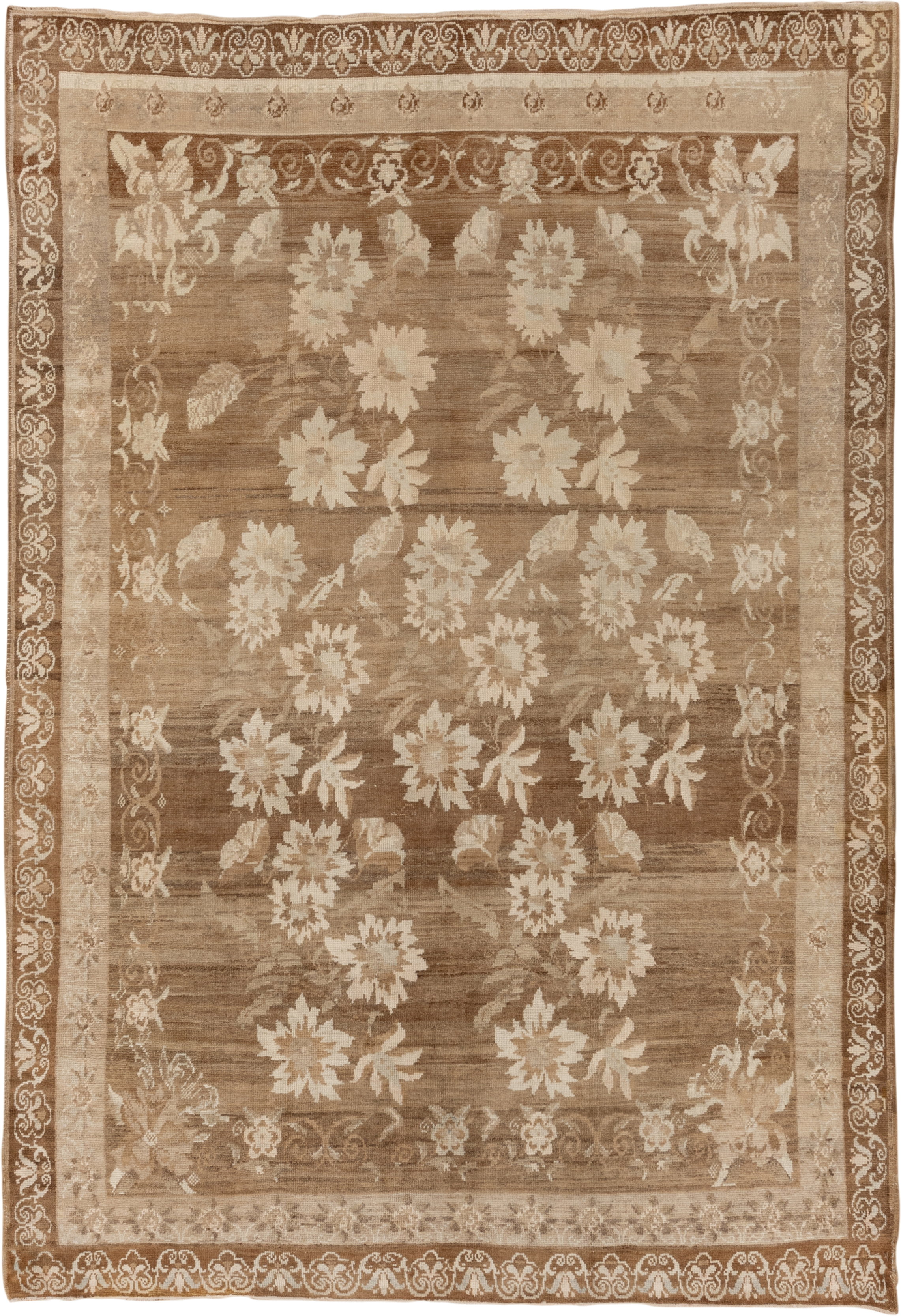 7' x 10' one-of-a-kind handmade vintage Oushak large size rug. Color palette: taupe, ivory, camel, beige, sand, brown, gray