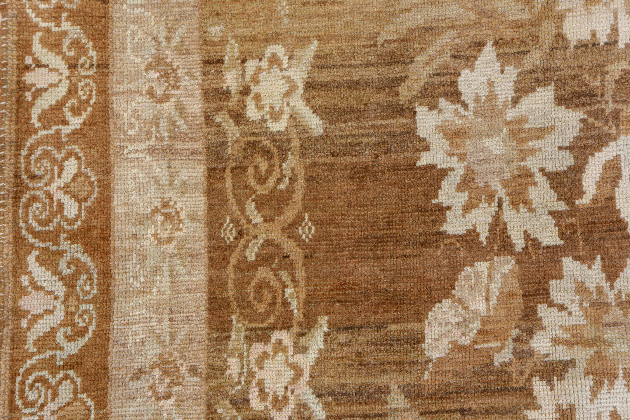 7' x 10' one-of-a-kind handmade vintage Oushak large size rug. Color palette: taupe, ivory, camel, beige, sand, brown, gray