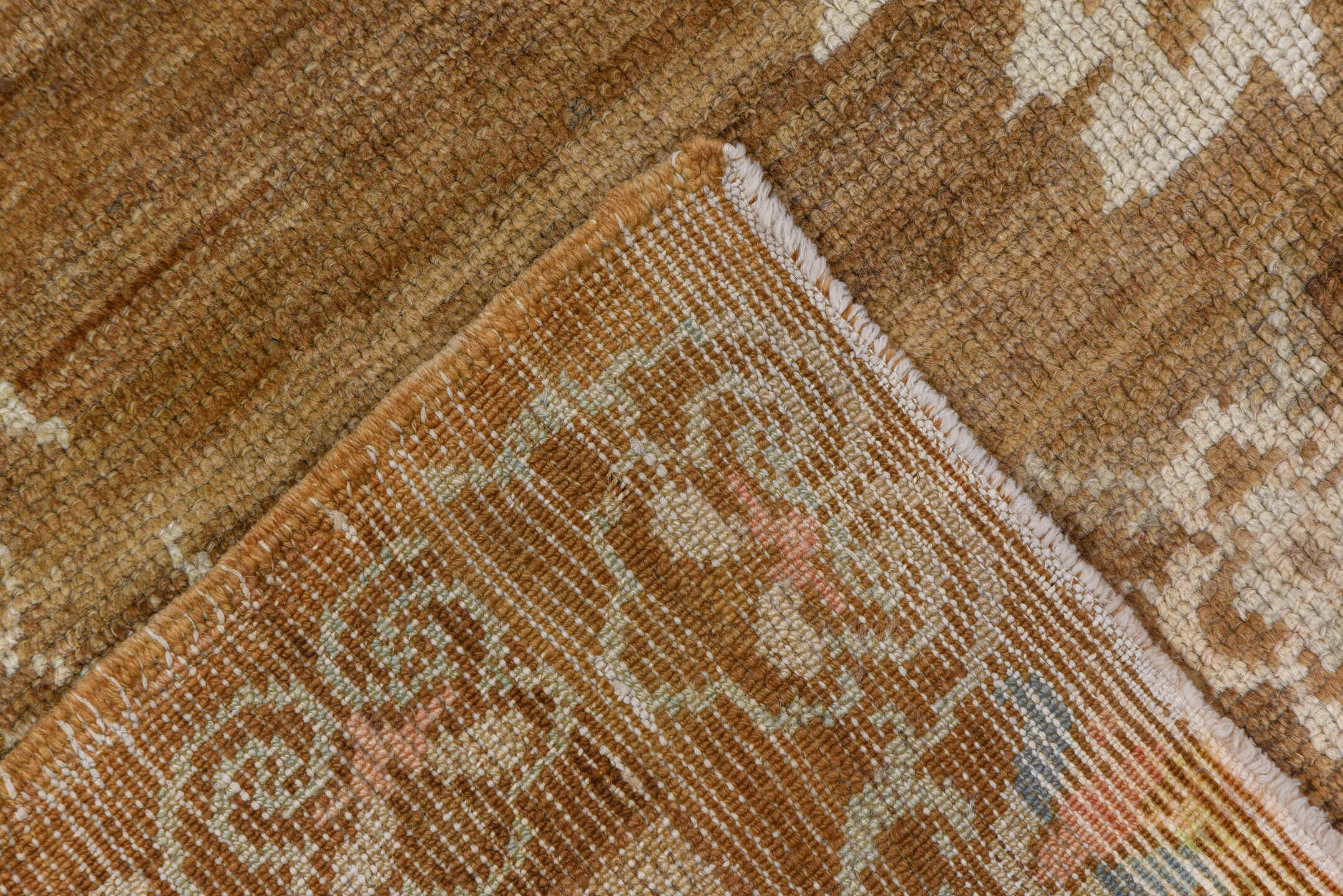 7' x 10' one-of-a-kind handmade vintage Oushak large size rug. Color palette: taupe, ivory, camel, beige, sand, brown, gray