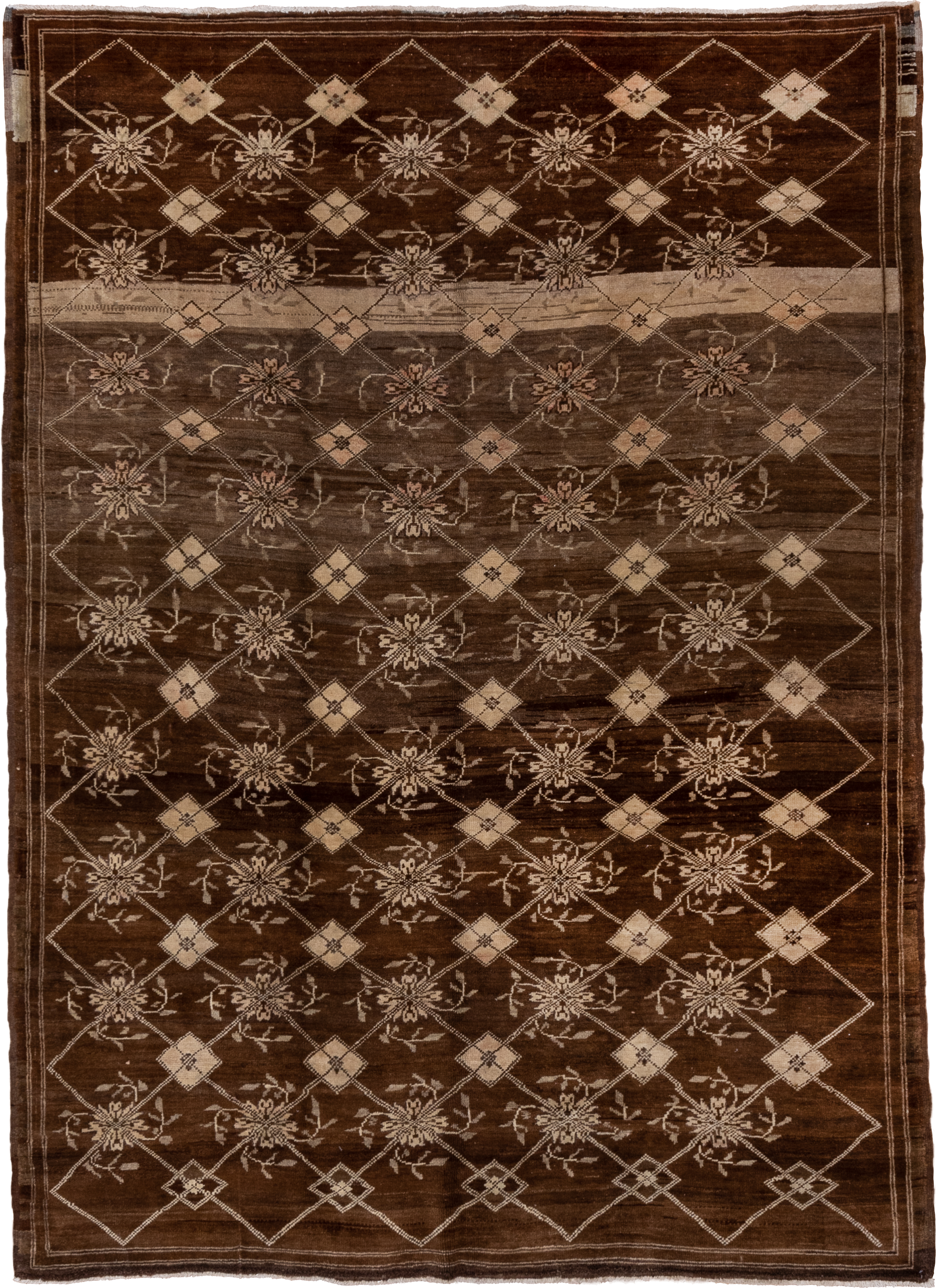 7' x 9' one-of-a-kind handmade vintage Kars rug. Color palette: brown, ivory, taupe, camel, charcoal, beige, gray, black
