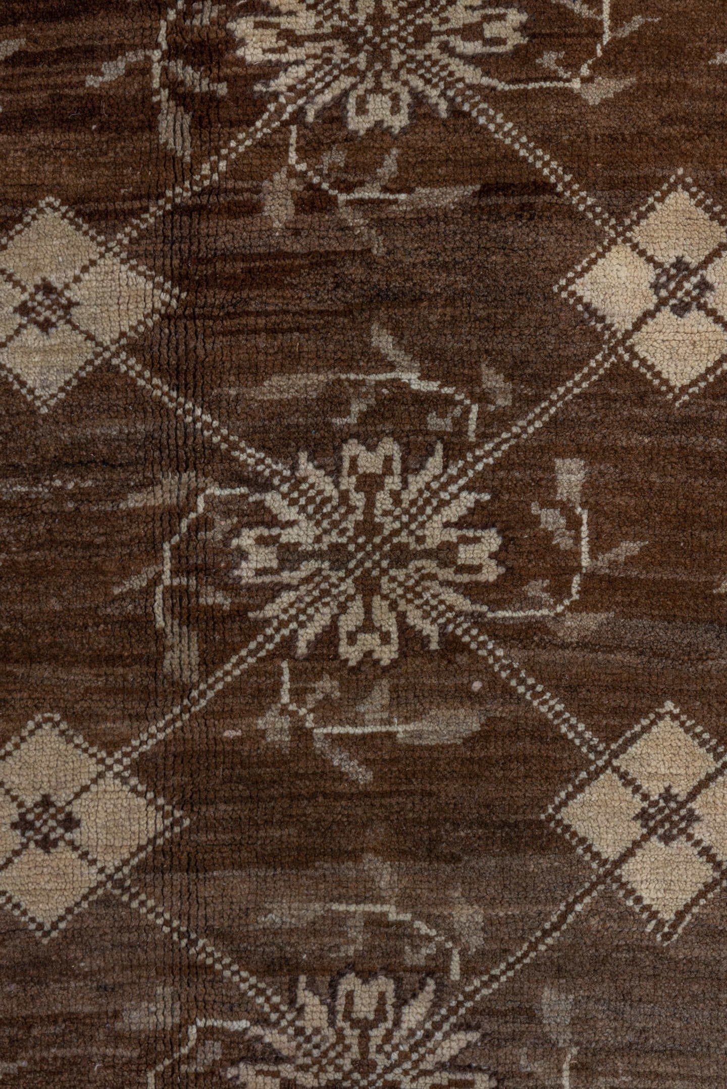 7' x 9' one-of-a-kind handmade vintage Kars rug. Color palette: brown, ivory, taupe, camel, charcoal, beige, gray, black