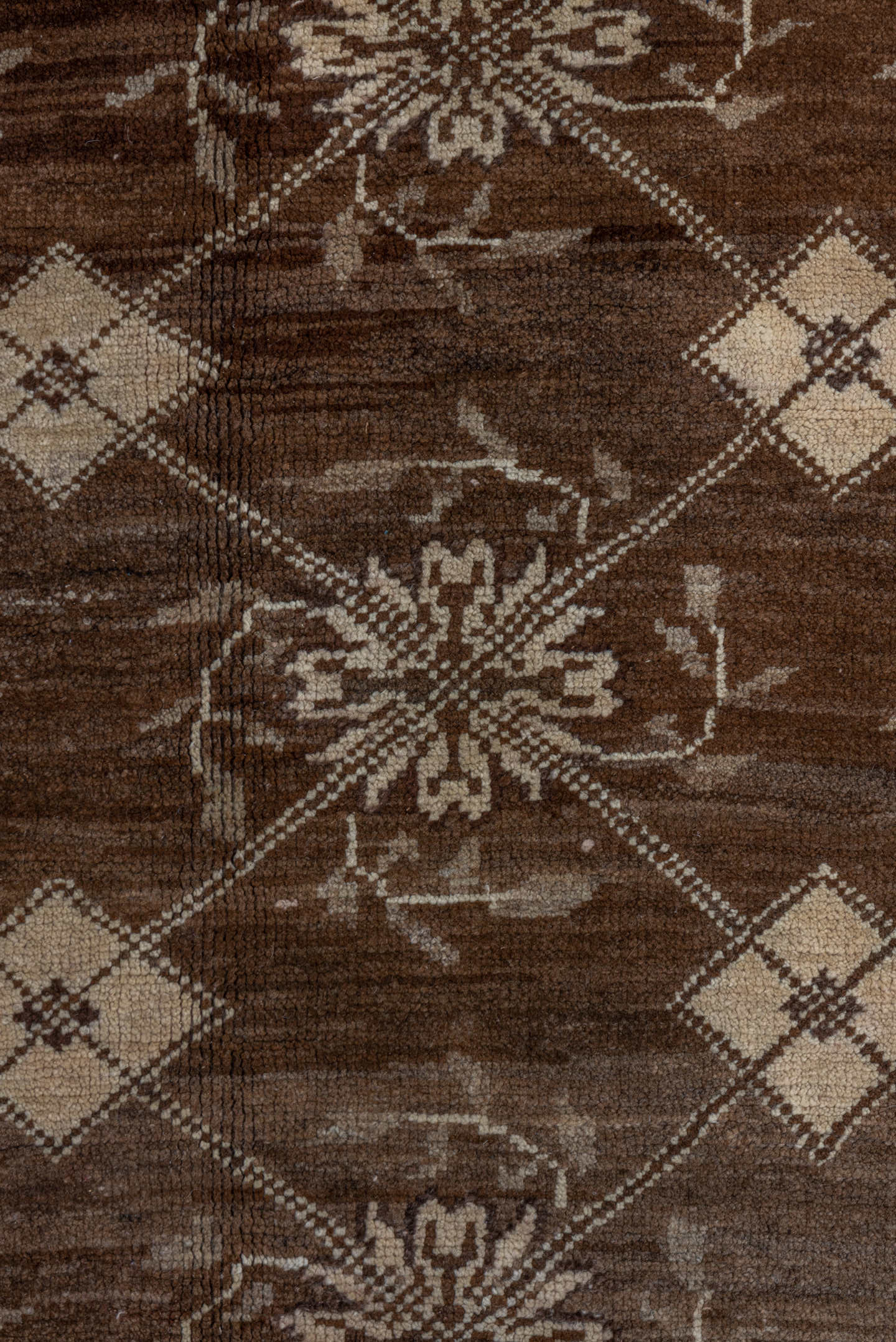 7' x 9' one-of-a-kind handmade vintage Kars rug. Color palette: brown, ivory, taupe, camel, charcoal, beige, gray, black