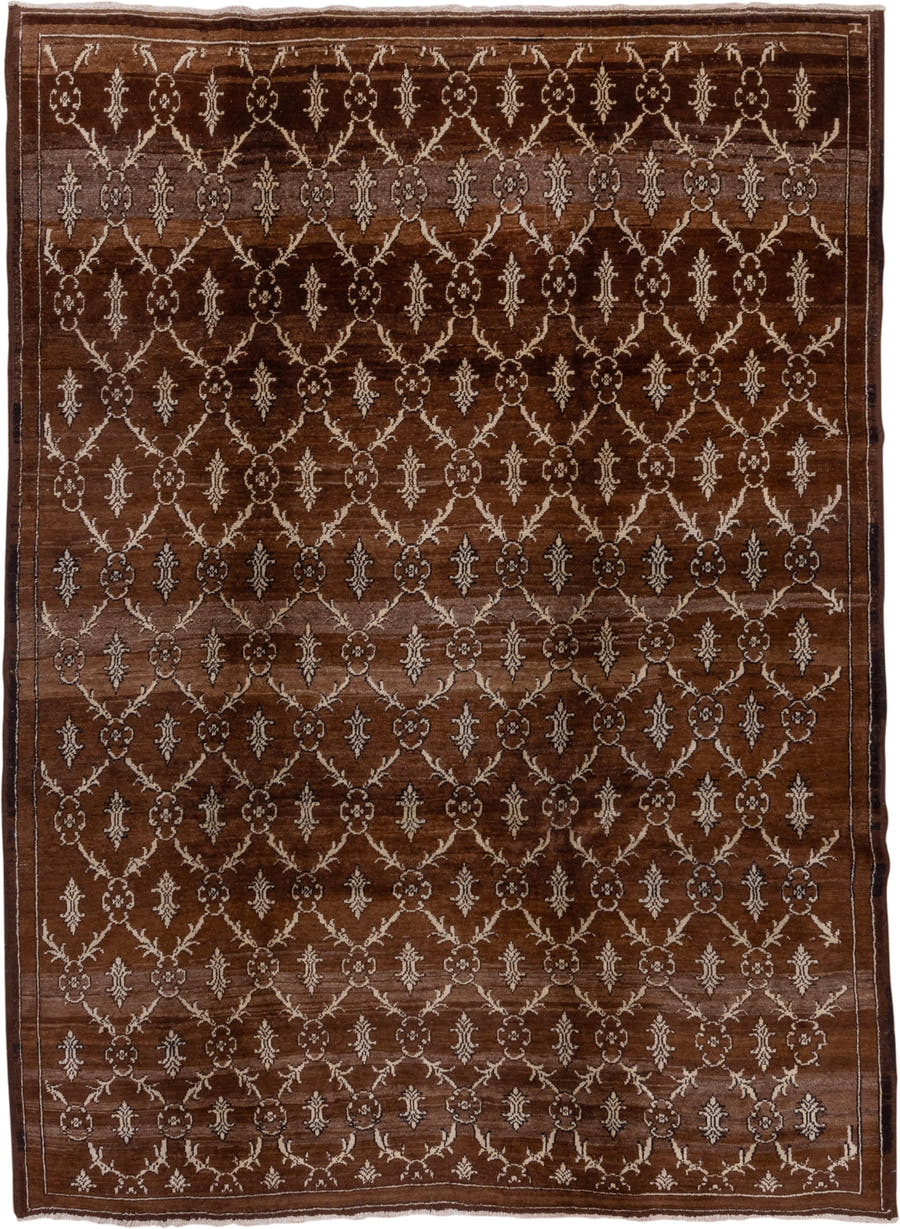 7' x 9' one-of-a-kind handmade vintage Kars rug. Color palette: brown, ivory, taupe, camel, charcoal, beige, gray, black