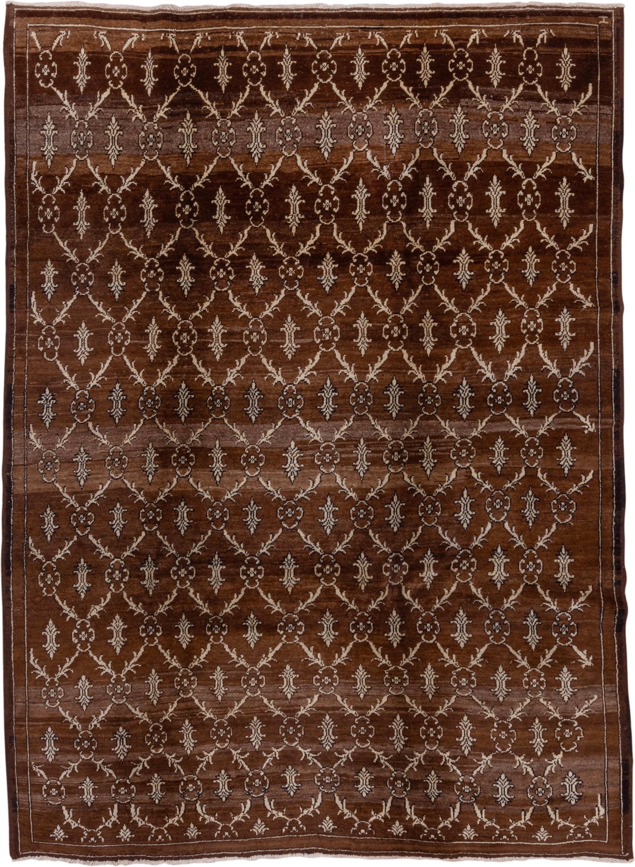 7' x 9' one-of-a-kind handmade vintage Kars rug. Color palette: brown, ivory, taupe, camel, charcoal, beige, gray, black