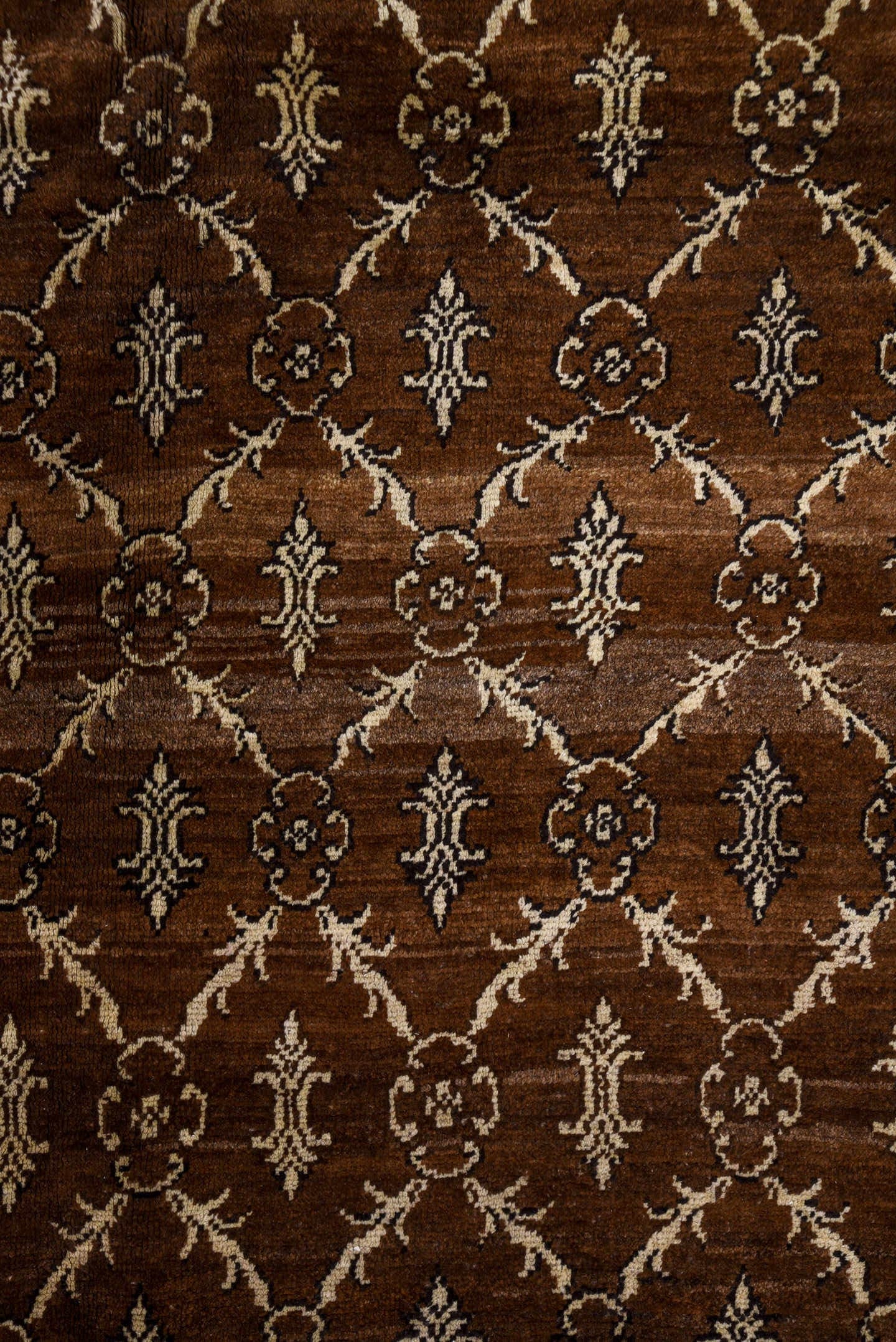 7' x 9' one-of-a-kind handmade vintage Kars rug. Color palette: brown, ivory, taupe, camel, charcoal, beige, gray, black