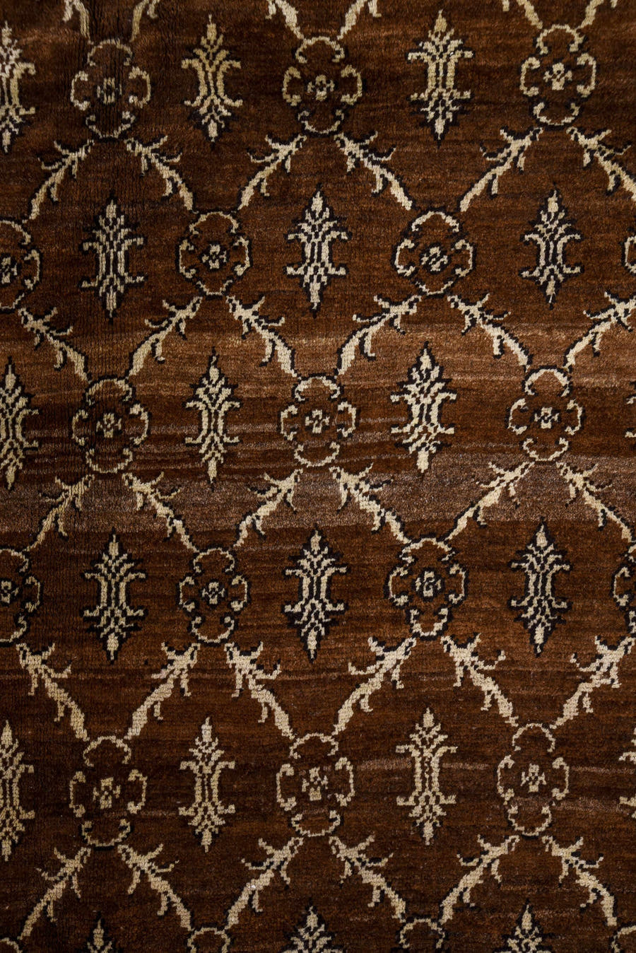 7' x 9' one-of-a-kind handmade vintage Kars rug. Color palette: brown, ivory, taupe, camel, charcoal, beige, gray, black