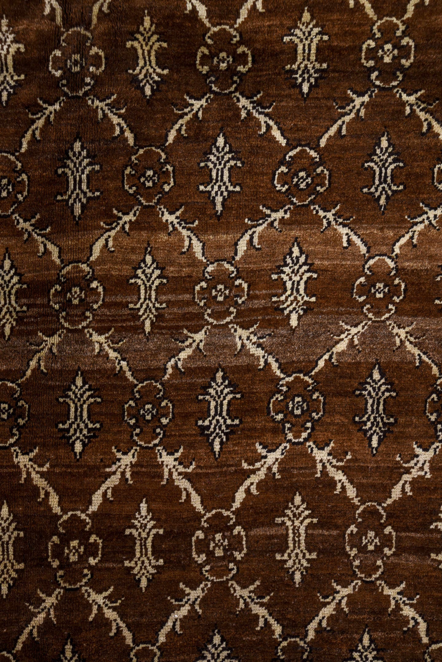 7' x 9' one-of-a-kind handmade vintage Kars rug. Color palette: brown, ivory, taupe, camel, charcoal, beige, gray, black