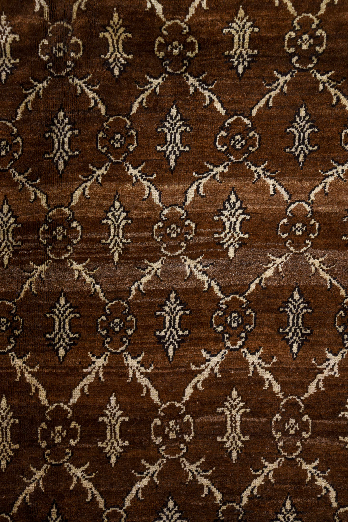 7' x 9' one-of-a-kind handmade vintage Kars rug. Color palette: brown, ivory, taupe, camel, charcoal, beige, gray, black