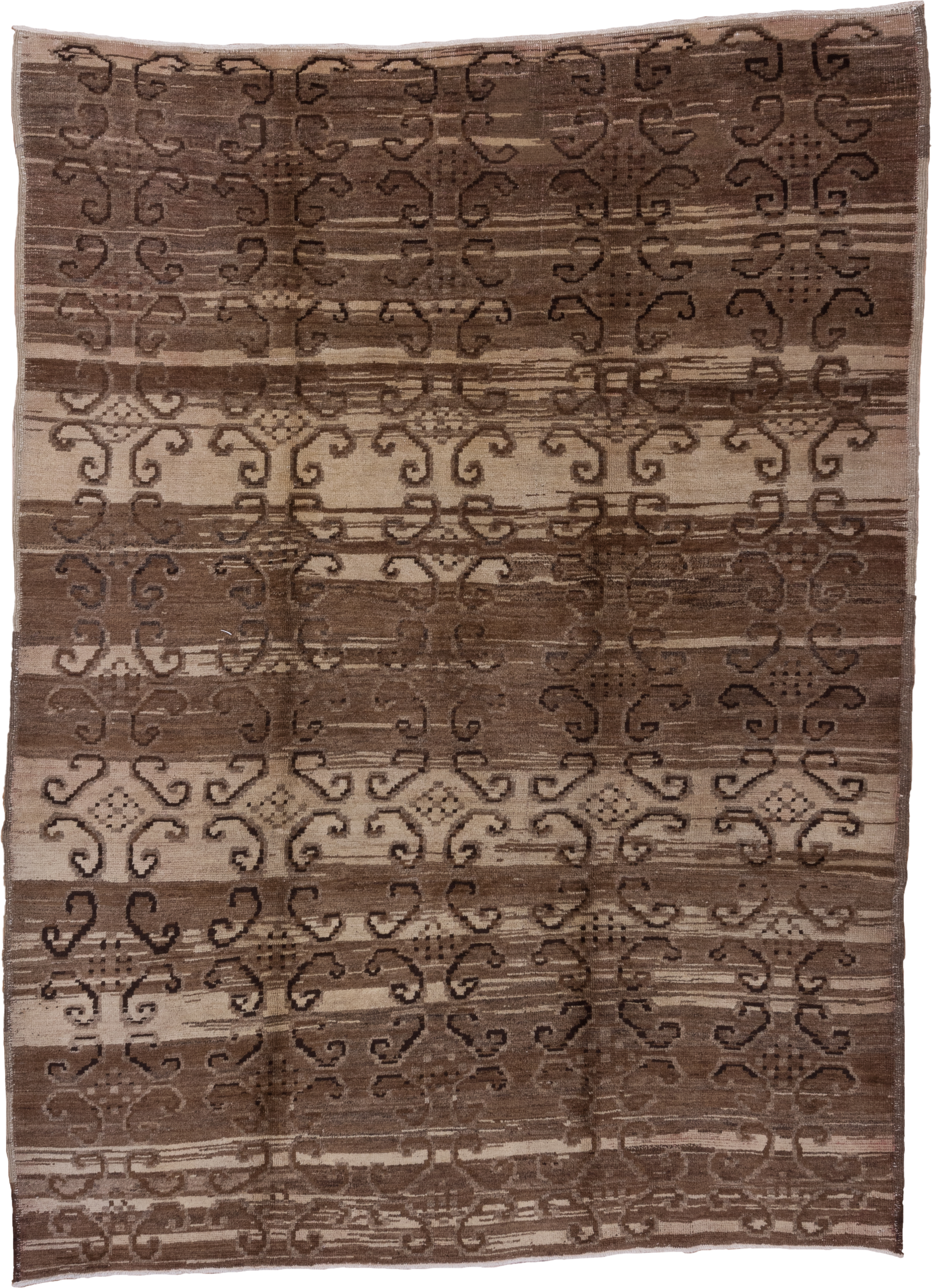 7' x 9' one-of-a-kind handmade vintage Oushak rug. Color palette: taupe, brown, ivory, camel, charcoal, beige, gray, black