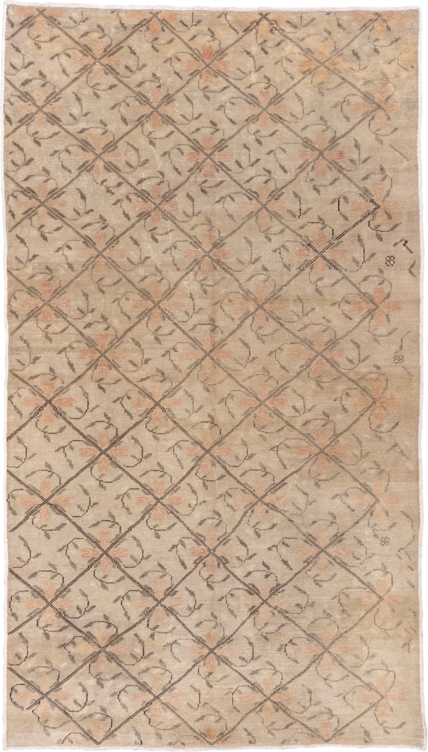 5' x 9' one-of-a-kind handmade vintage Oushak medium size rug. Color palette: beige, taupe, ivory, peach, brown, gray