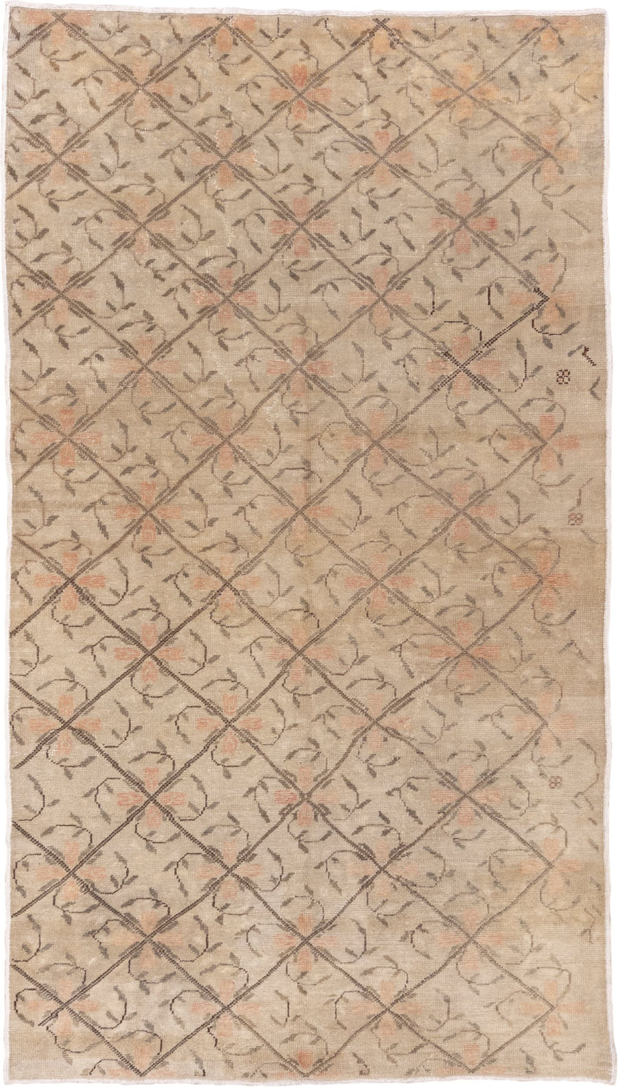 5' x 9' one-of-a-kind handmade vintage Oushak medium size rug. Color palette: beige, taupe, ivory, peach, brown, gray