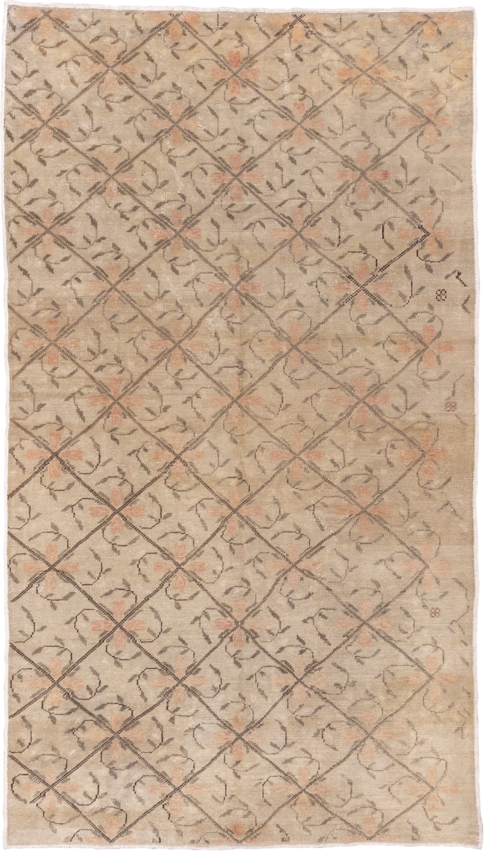5' x 9' one-of-a-kind handmade vintage Oushak medium size rug. Color palette: beige, taupe, ivory, peach, brown, gray