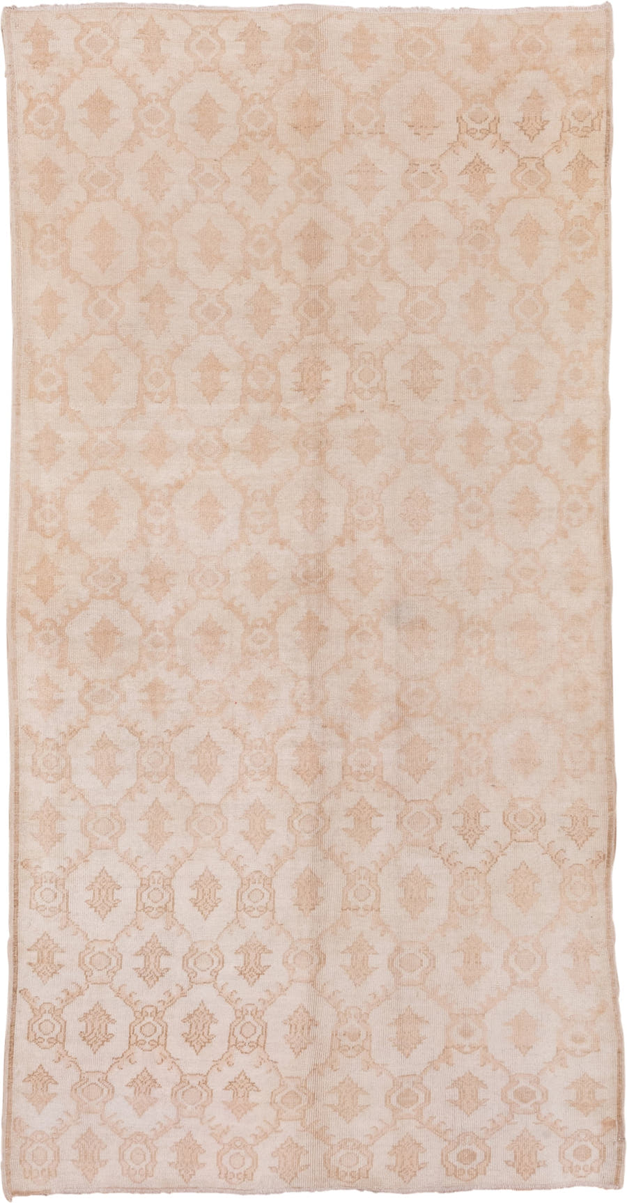 5' x 10' one-of-a-kind handmade vintage Konya medium size rug. Color palette: ivory, blush, peach, taupe, sand, pink