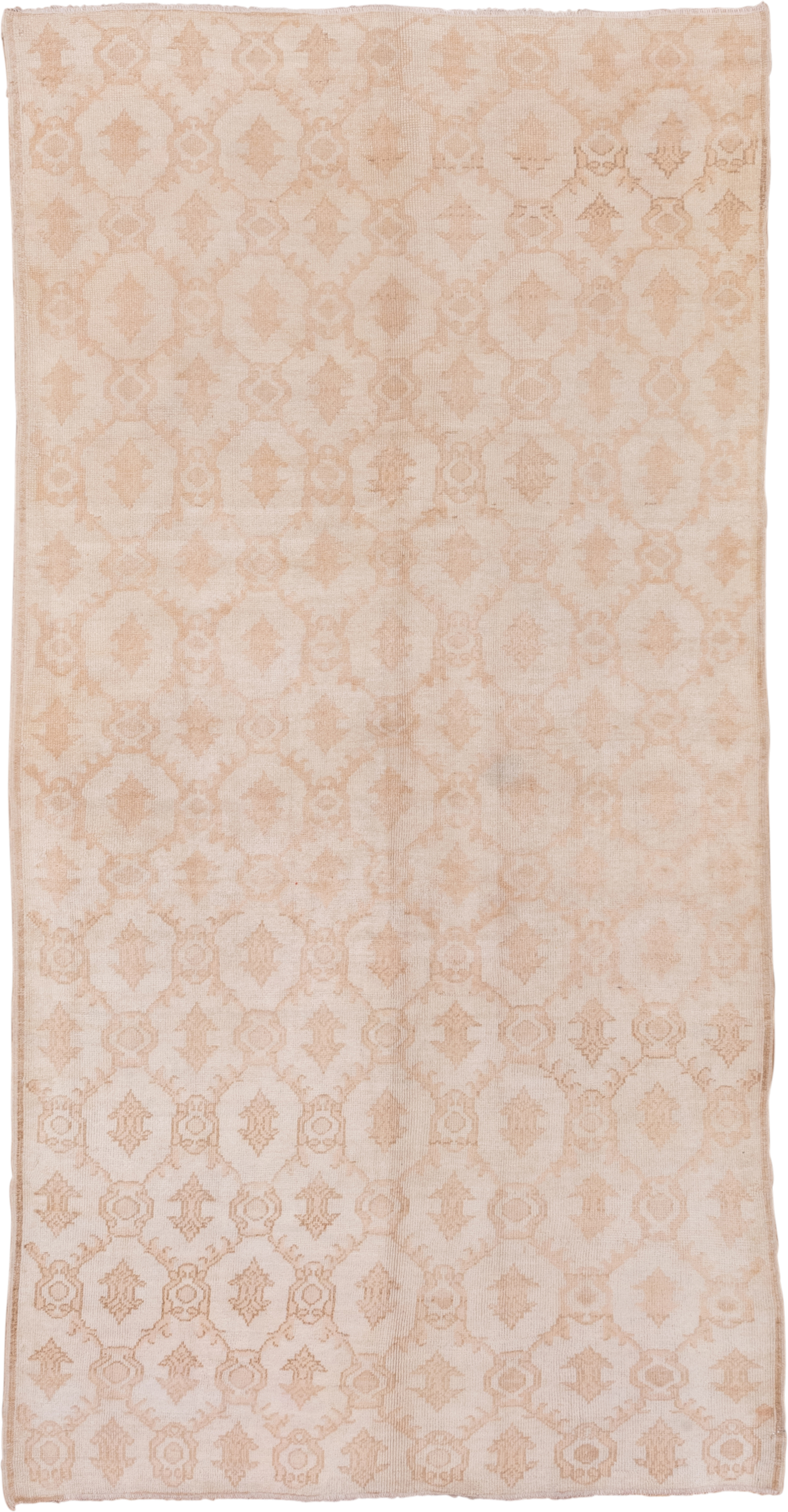 5' x 10' one-of-a-kind handmade vintage Konya medium size rug. Color palette: ivory, blush, peach, taupe, sand, pink