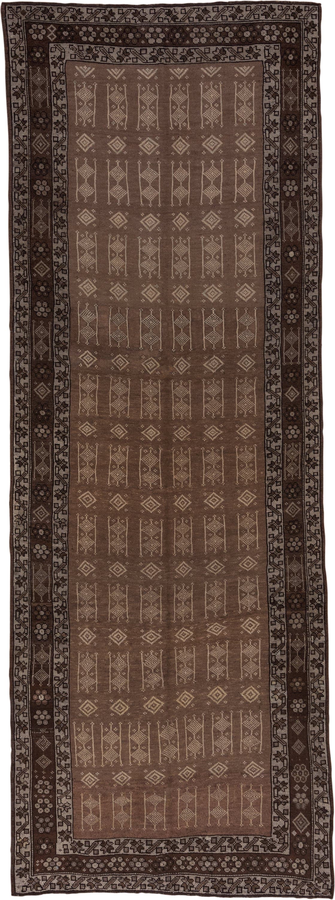 5' x 13' one-of-a-kind handmade vintage Kars runner rug. Color palette: taupe, brown, ivory, charcoal, camel, beige, gray
