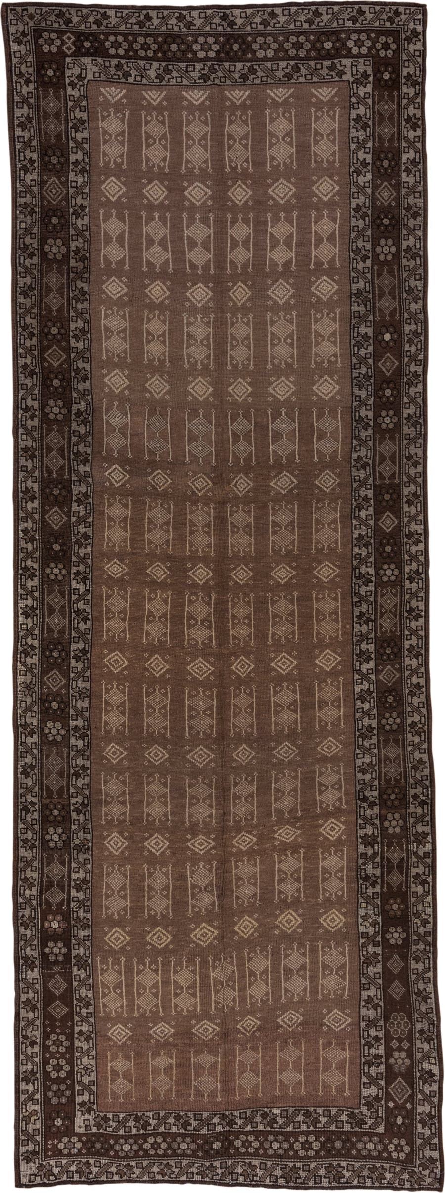 5' x 13' one-of-a-kind handmade vintage Kars runner rug. Color palette: taupe, brown, ivory, charcoal, camel, beige, gray