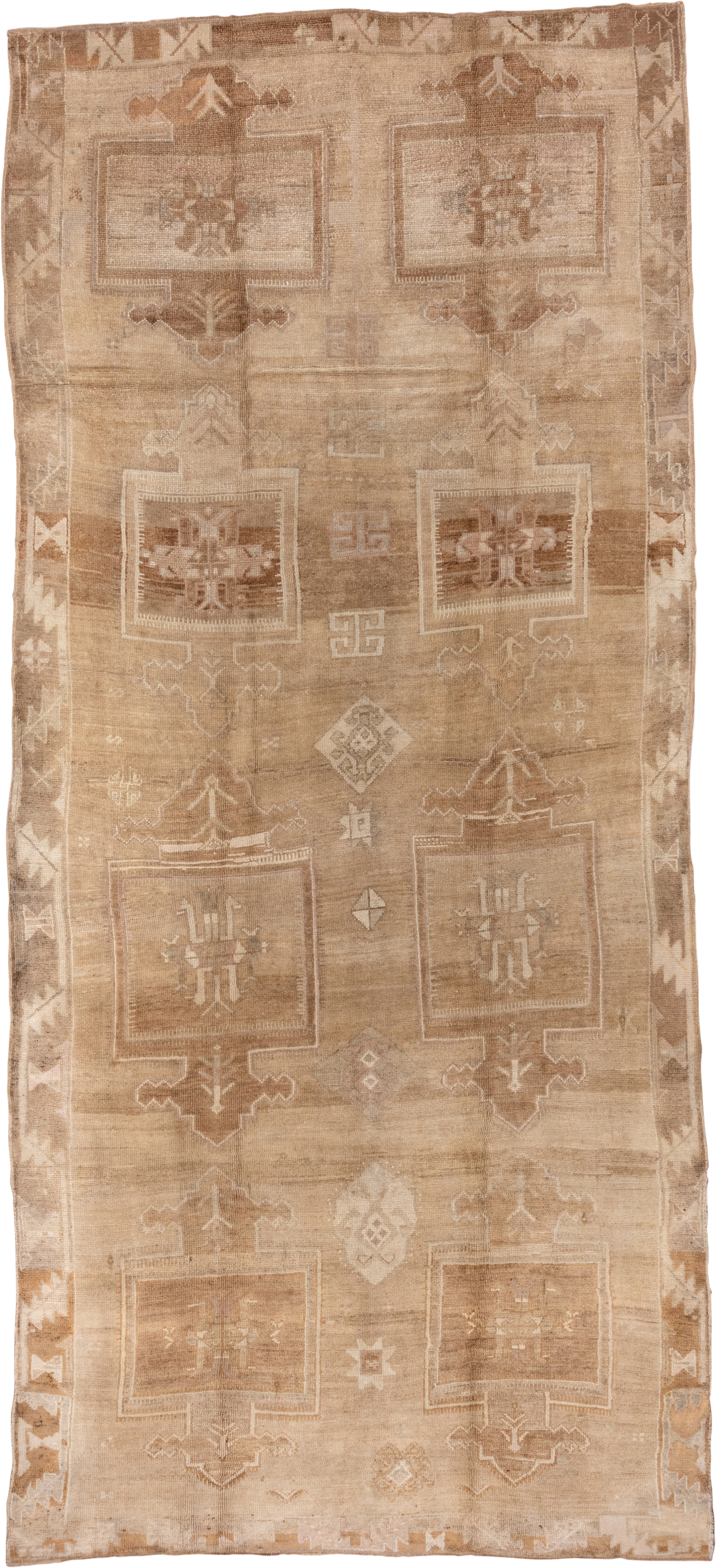 6' x 14' one-of-a-kind handmade vintage Oushak large size rug. Color palette: camel, taupe, beige, ivory, sand, light brown