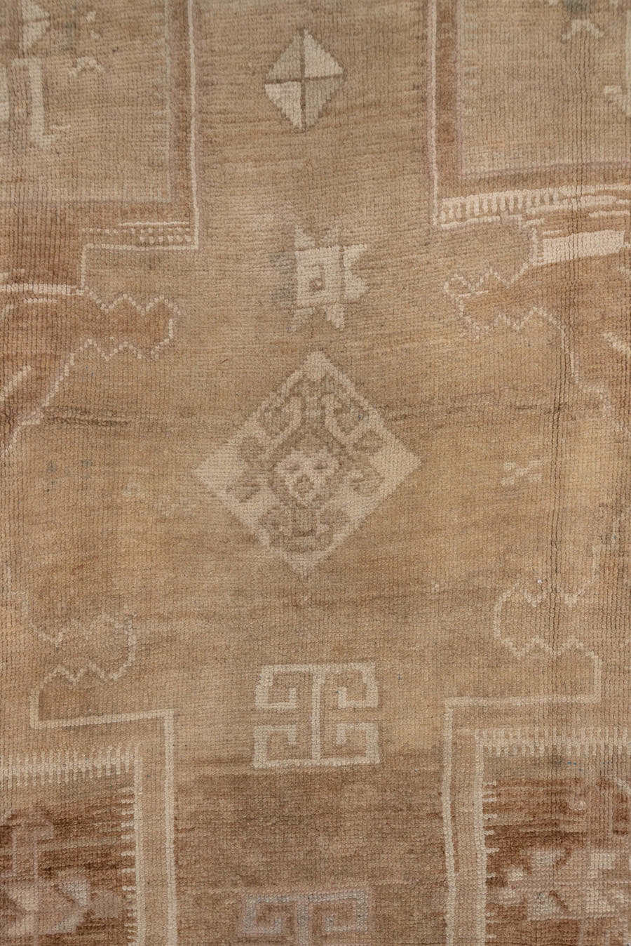 6' x 14' one-of-a-kind handmade vintage Oushak large size rug. Color palette: camel, taupe, beige, ivory, sand, light brown