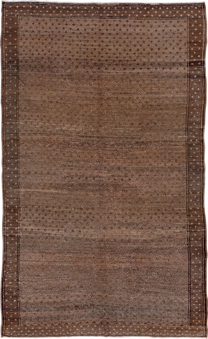 5' x 9' one-of-a-kind handmade vintage Oushak medium size rug. Color palette: brown, taupe, camel, ivory, charcoal, beige