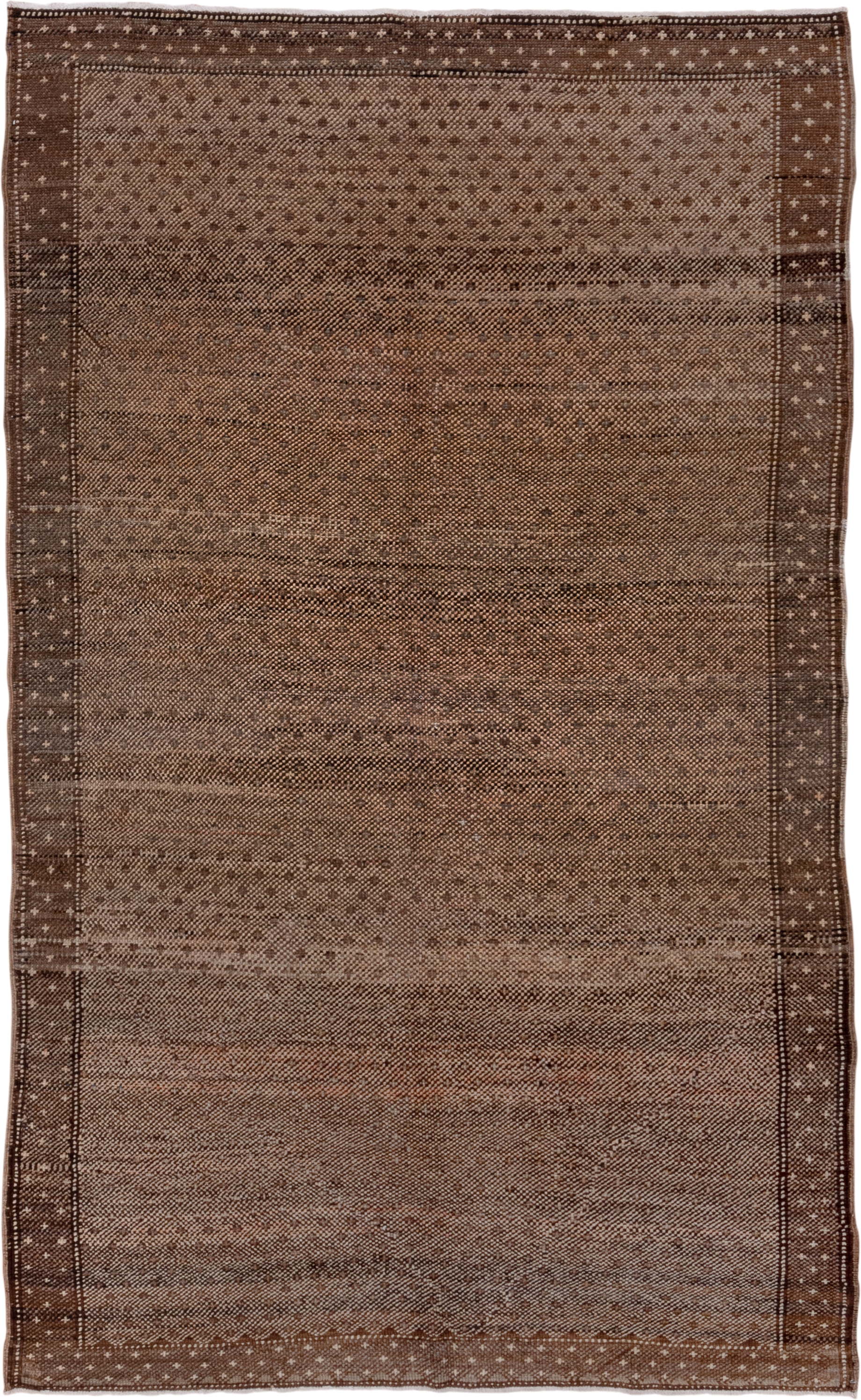 5' x 9' one-of-a-kind handmade vintage Oushak medium size rug. Color palette: brown, taupe, camel, ivory, charcoal, beige