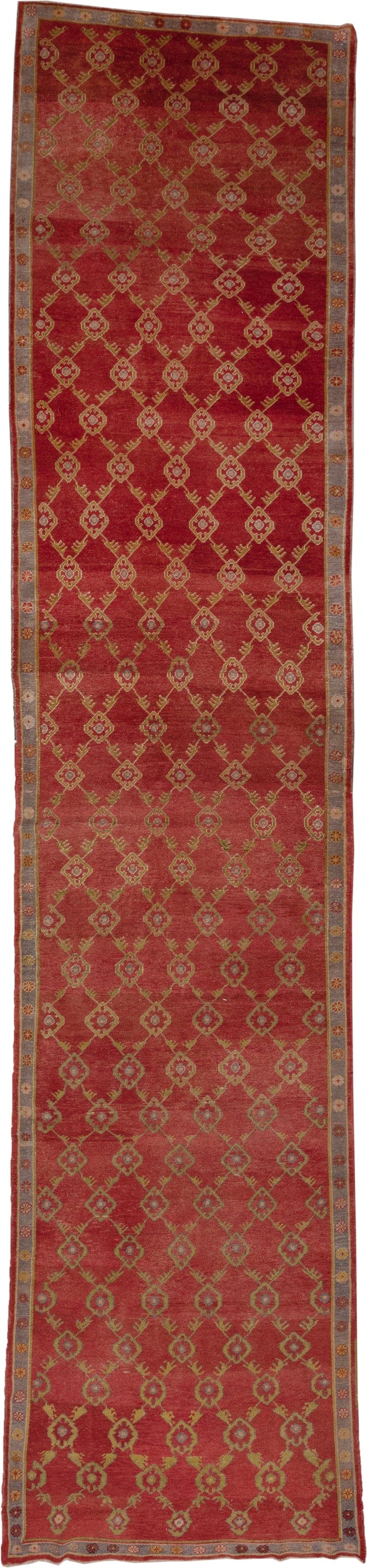 4' x 21' one-of-a-kind handmade vintage Oushak runner rug. Color palette: rust, terra cotta, sage, gold, slate, rose