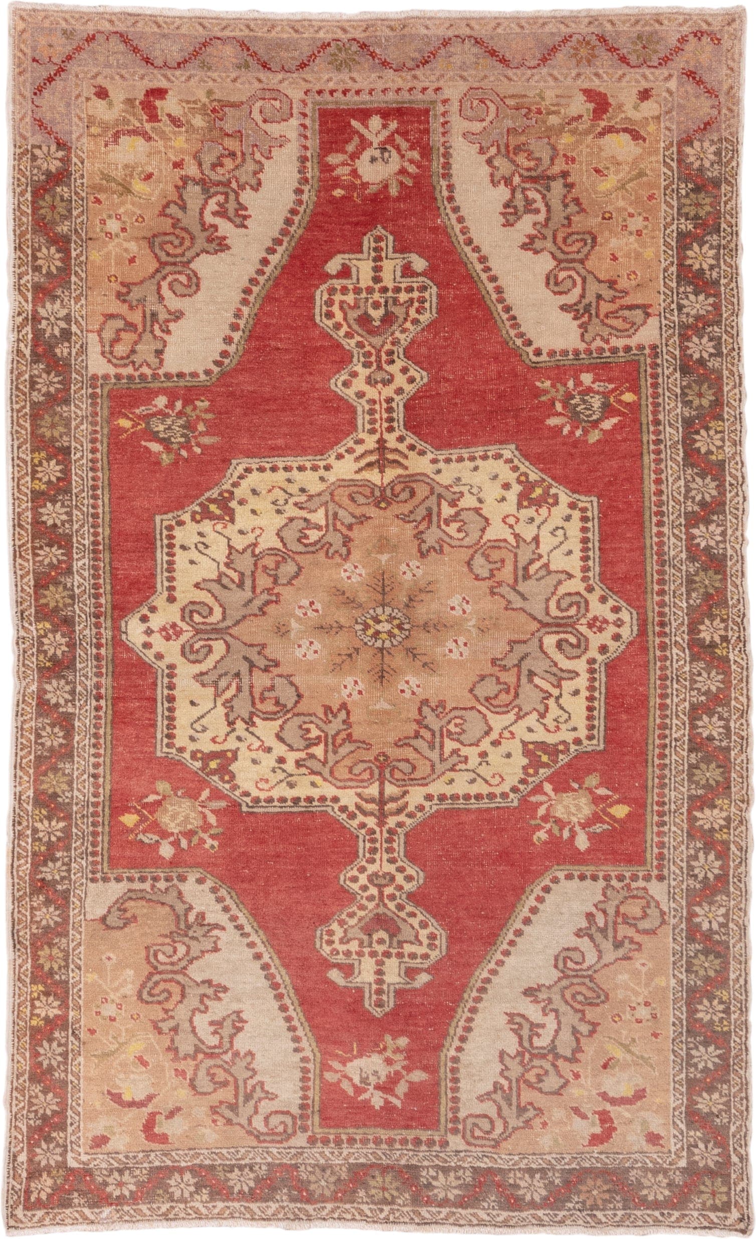 4' x 7' one-of-a-kind handmade vintage Oushak rug. Color palette: coral, ivory, taupe, brown, rose, sage, gold, terracotta