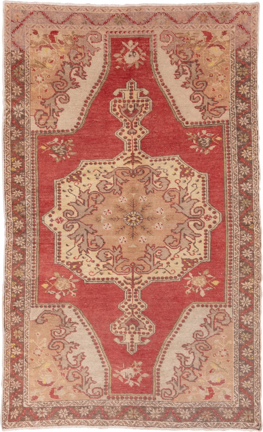 4' x 7' one-of-a-kind handmade vintage Oushak rug. Color palette: coral, ivory, taupe, brown, rose, sage, gold, terracotta