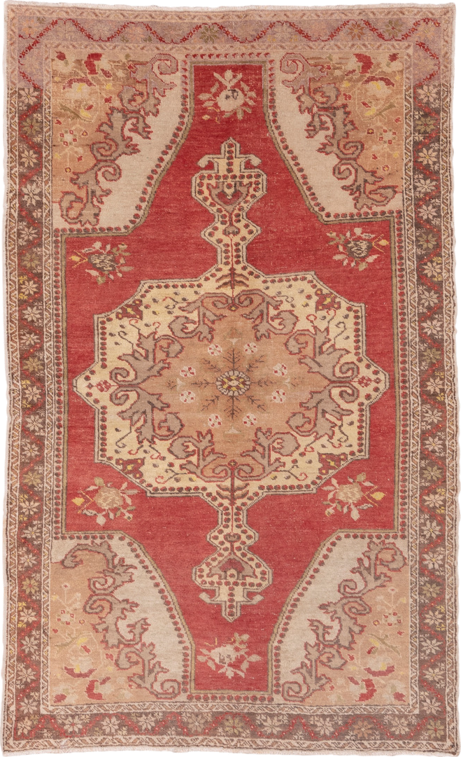 4' x 7' one-of-a-kind handmade vintage Oushak rug. Color palette: brown, gray, light gray, off-white, orange, pink, red