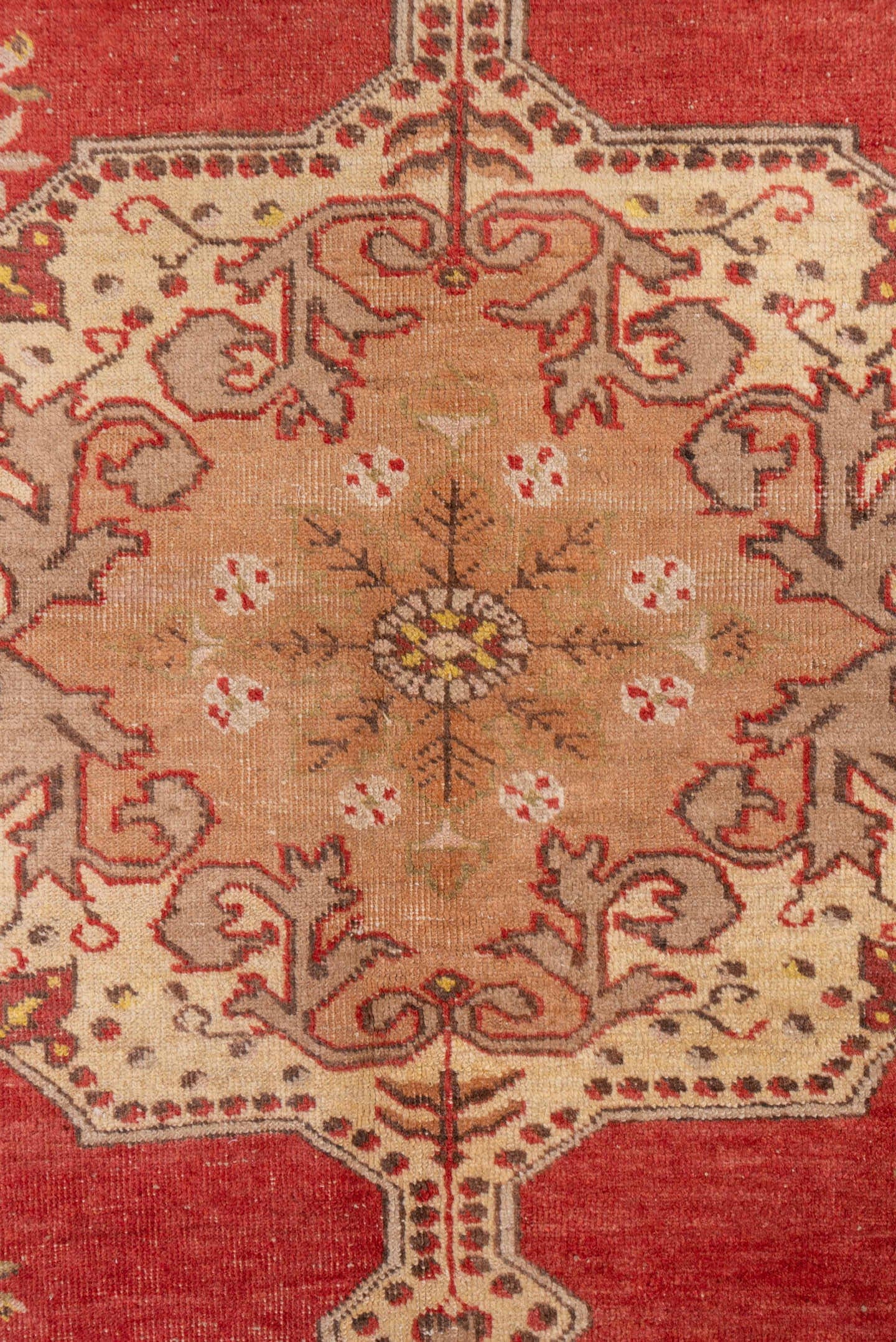 4' x 7' one-of-a-kind handmade vintage Oushak rug. Color palette: coral, ivory, taupe, brown, rose, sage, gold, terracotta