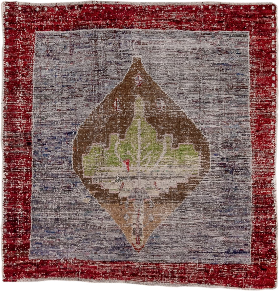 3' x 3' one-of-a-kind handmade vintage Tulu small size rug. Color palette: crimson, ivory, taupe, brown, sage, slate, red