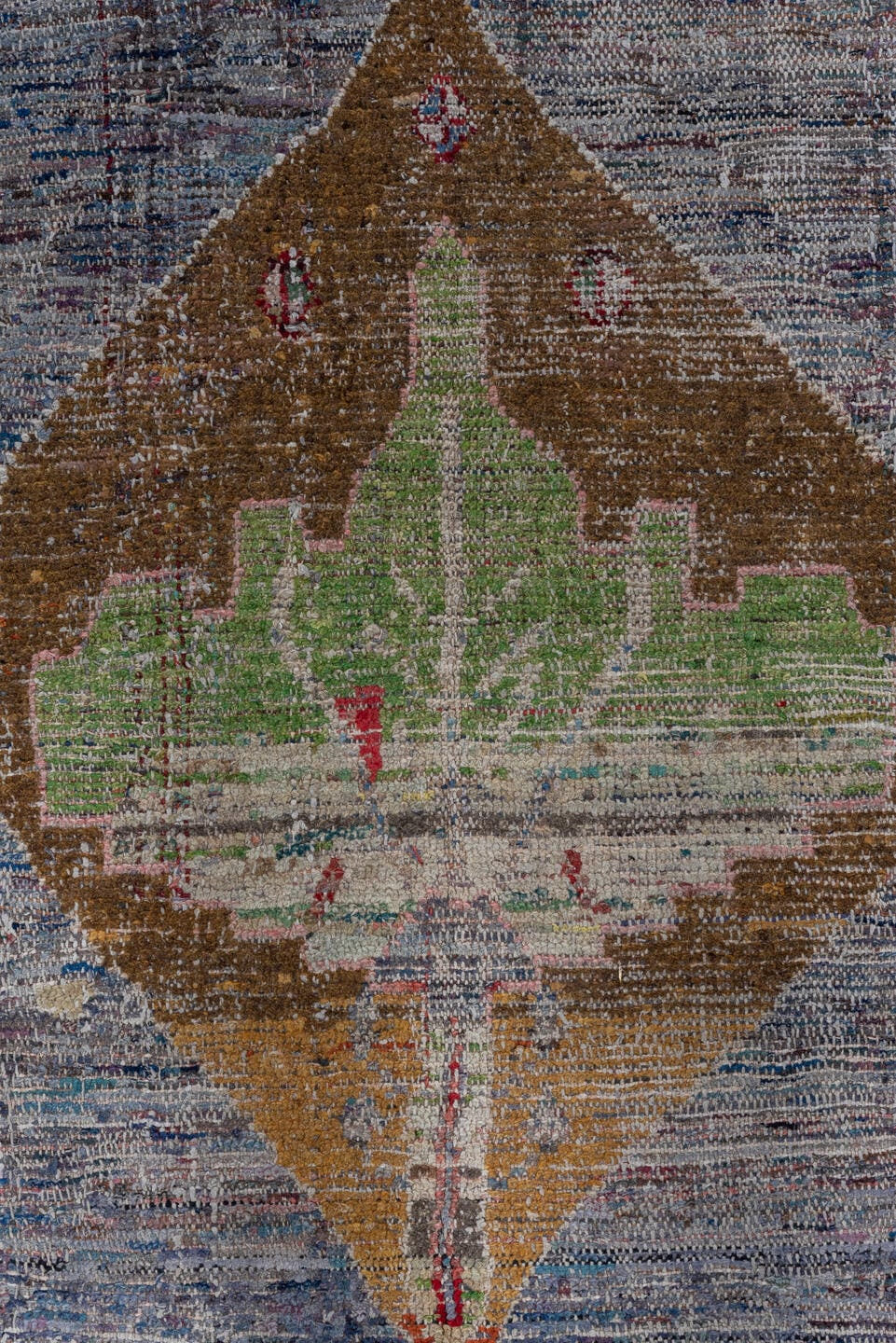 3' x 3' one-of-a-kind handmade vintage Tulu small size rug. Color palette: crimson, ivory, taupe, brown, sage, slate, red
