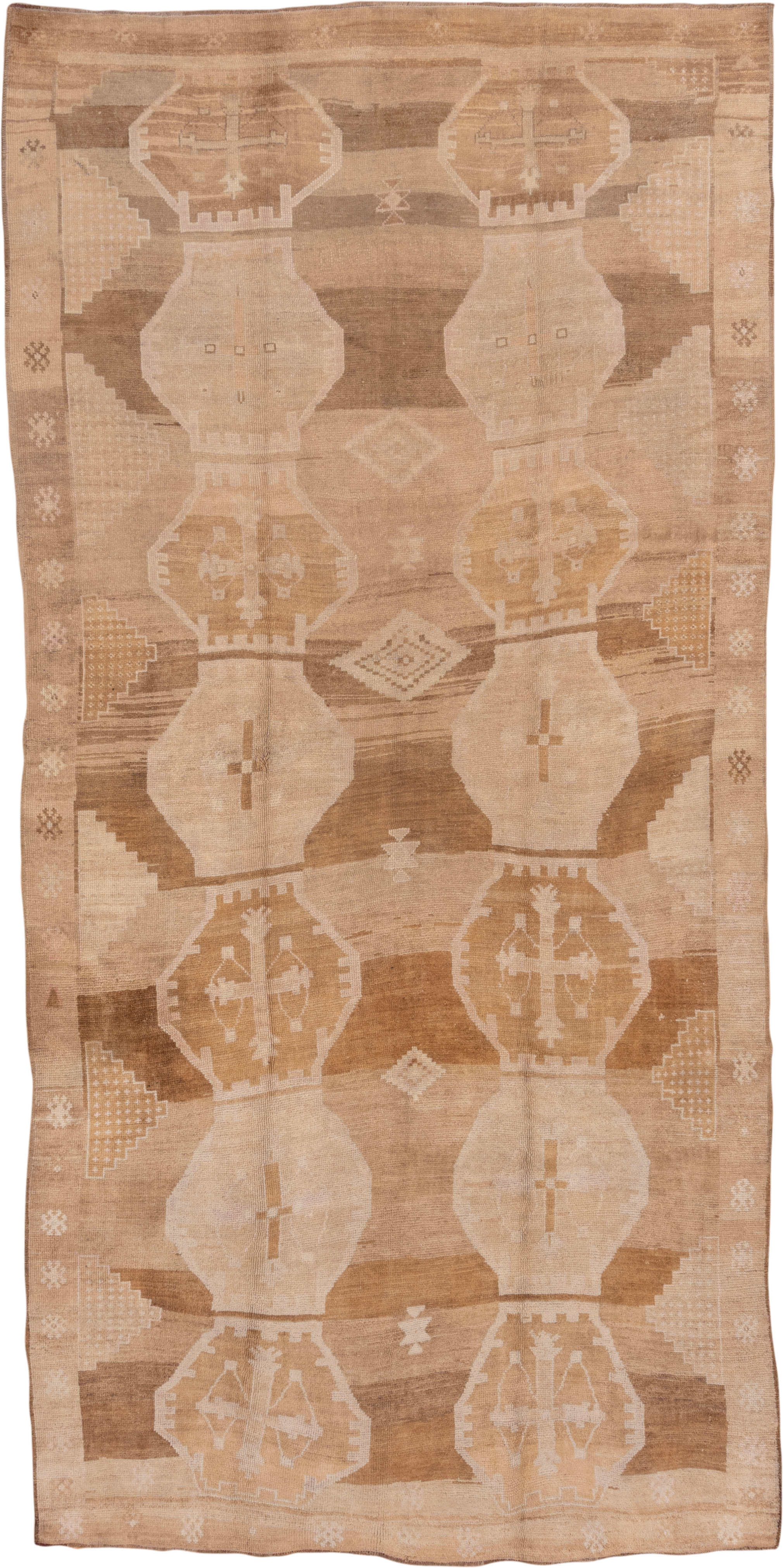 6' x 14' one-of-a-kind handmade vintage Oushak large size rug. Color palette: camel, taupe, ivory, beige, sand, light brown