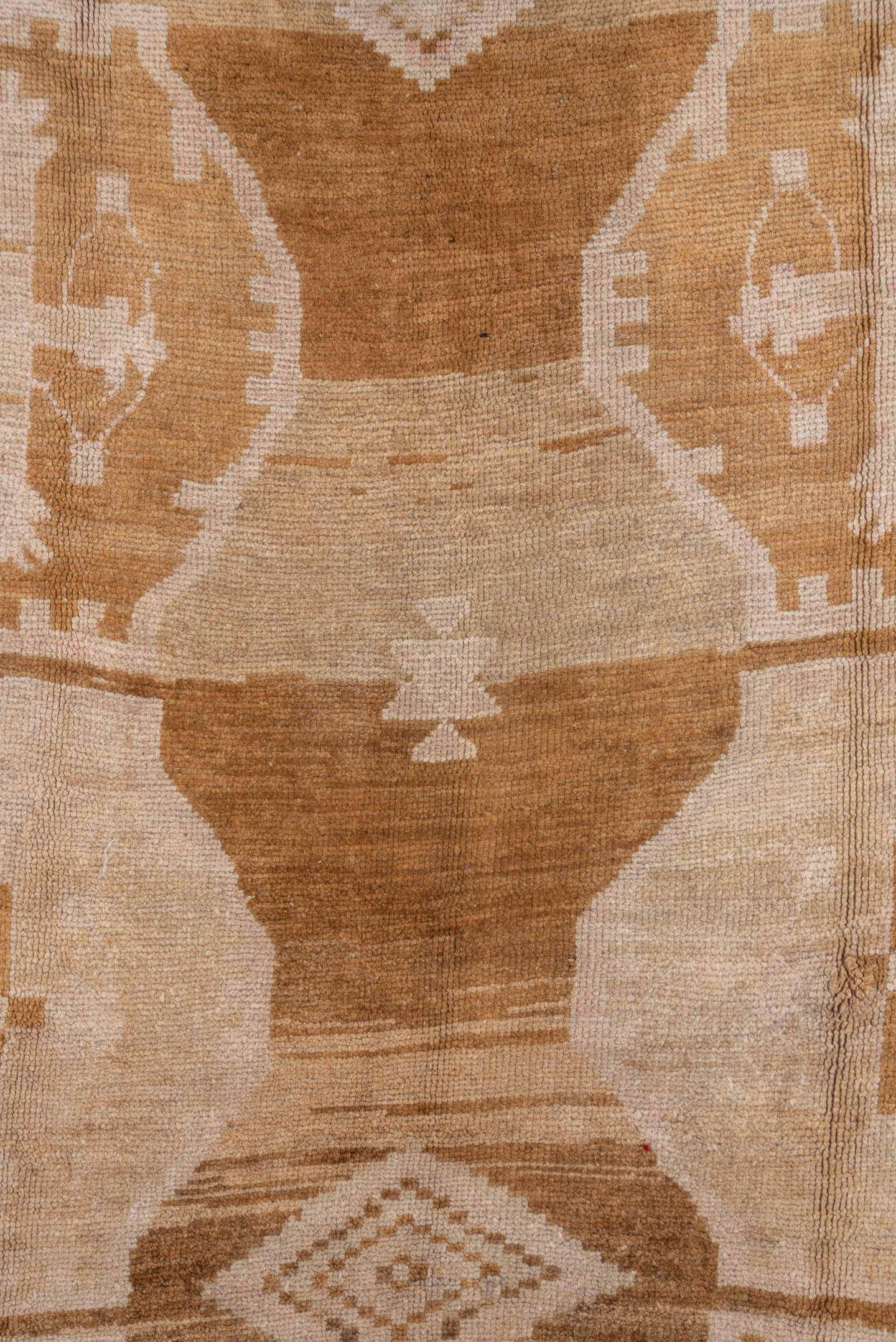 6' x 14' one-of-a-kind handmade vintage Oushak large size rug. Color palette: camel, taupe, ivory, beige, sand, light brown