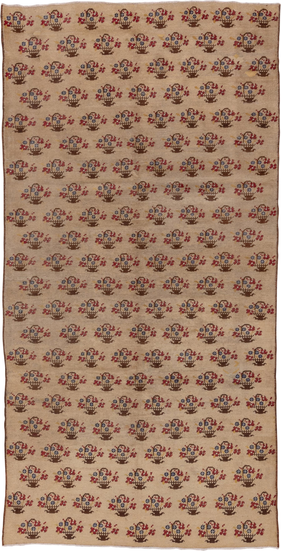 5' x 10' one-of-a-kind handmade vintage Konya medium size rug. Color palette: camel, brown, rust, indigo, ivory, beige