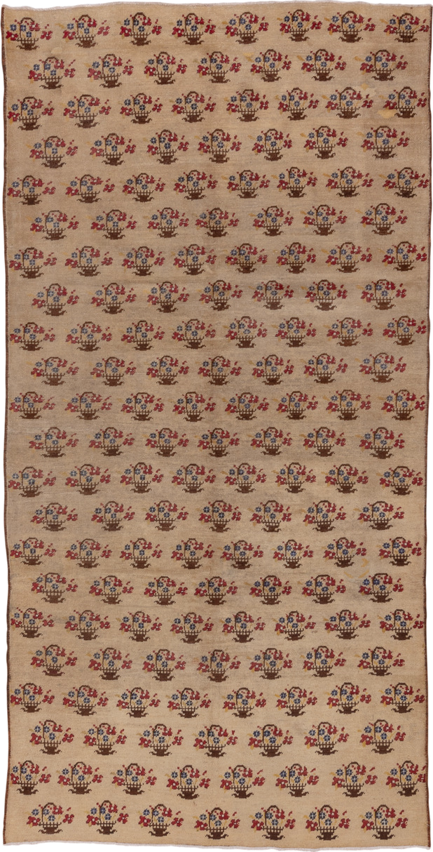 5' x 10' one-of-a-kind handmade vintage Konya medium size rug. Color palette: camel, brown, rust, indigo, ivory, beige