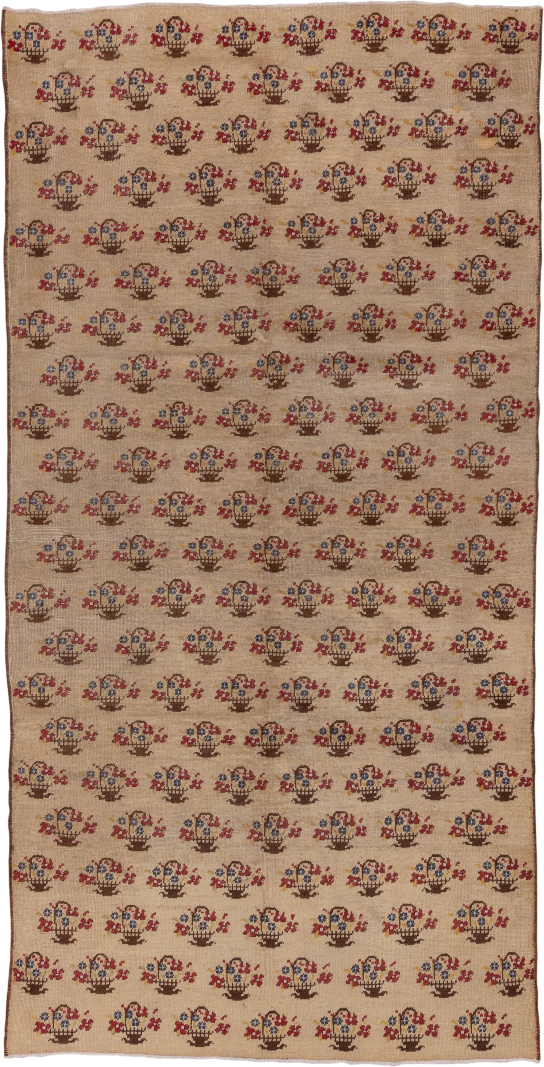 5' x 10' one-of-a-kind handmade vintage Konya medium size rug. Color palette: camel, brown, rust, indigo, ivory, beige