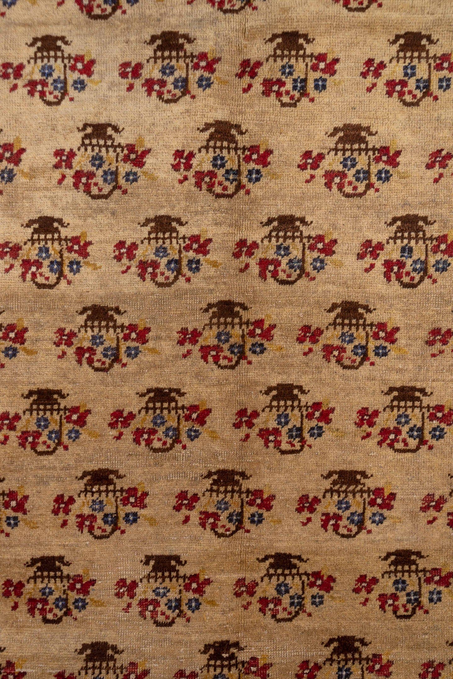 5' x 10' one-of-a-kind handmade vintage Konya medium size rug. Color palette: camel, brown, rust, indigo, ivory, beige