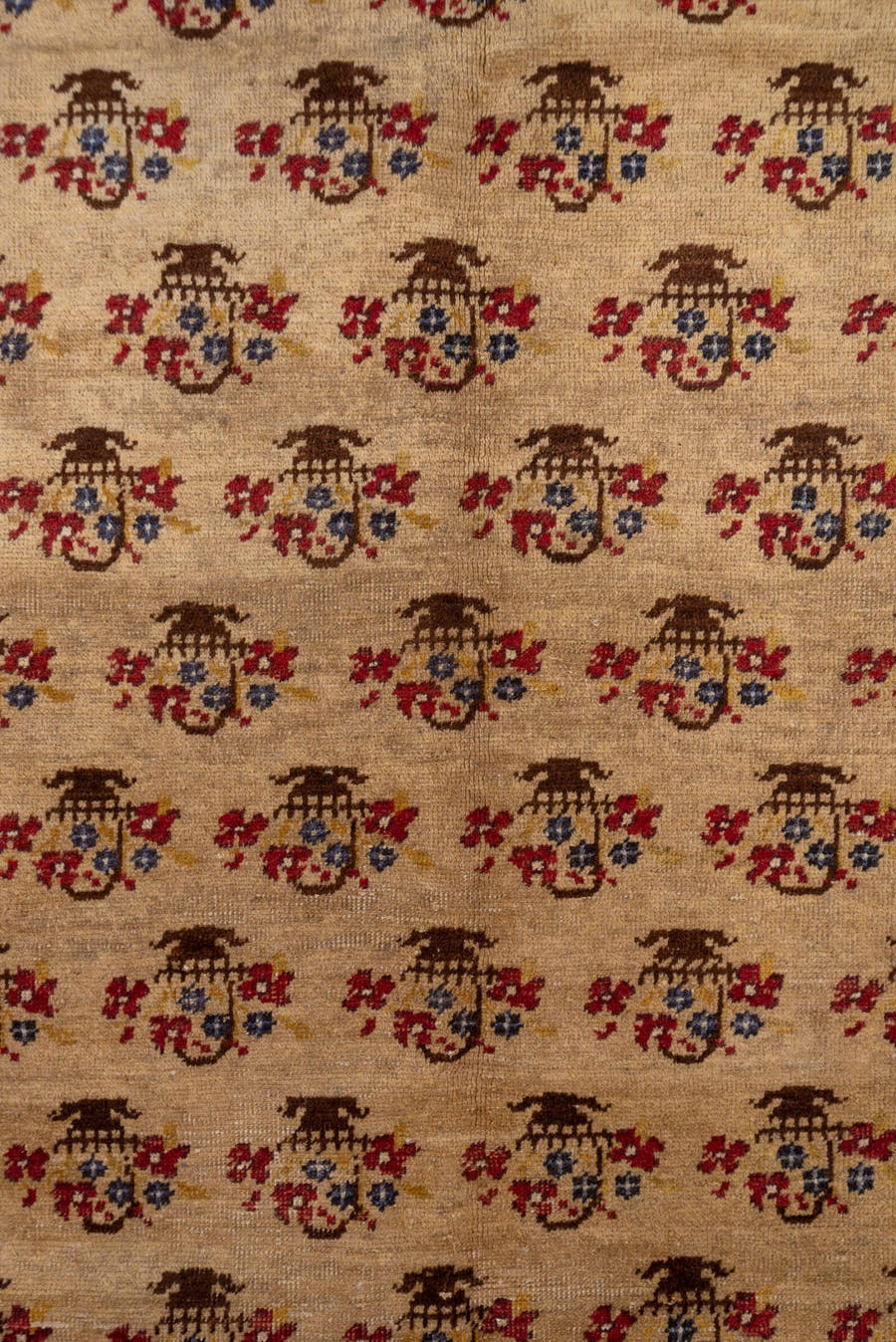 5' x 10' one-of-a-kind handmade vintage Konya medium size rug. Color palette: camel, brown, rust, indigo, ivory, beige