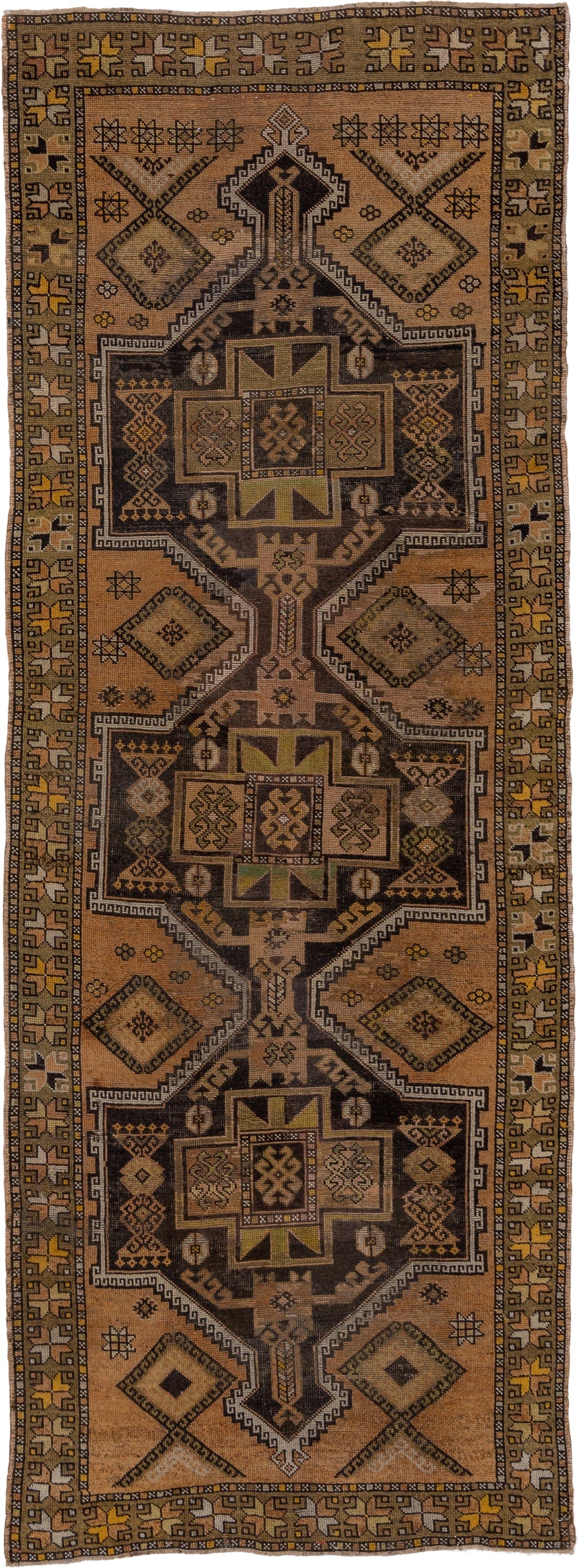 3' x 9' one-of-a-kind handmade antique Oushak runner rug. Color palette: camel, brown, taupe, ivory, gold, charcoal, beige