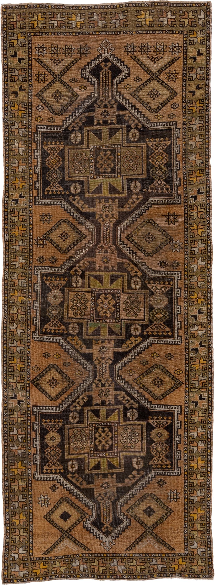 3' x 9' one-of-a-kind handmade antique Oushak runner rug. Color palette: camel, brown, taupe, ivory, gold, charcoal, beige