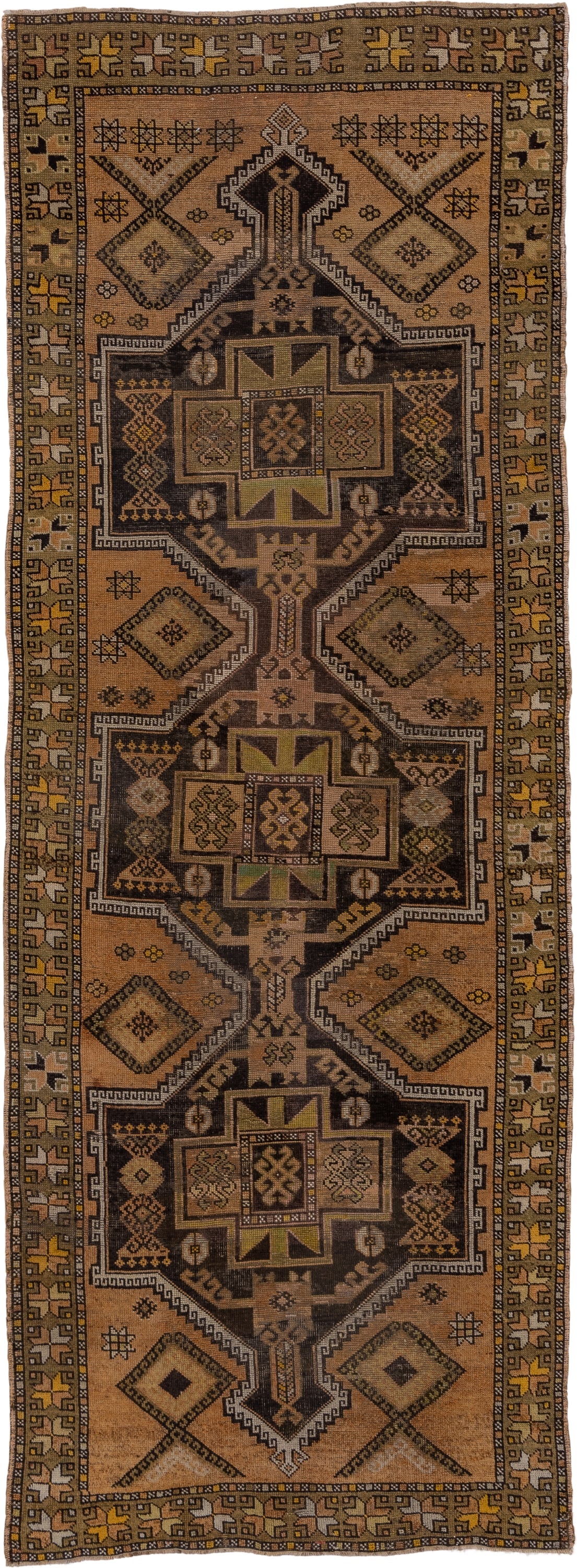 3' x 9' one-of-a-kind handmade antique Oushak runner rug. Color palette: camel, brown, taupe, ivory, gold, charcoal, beige