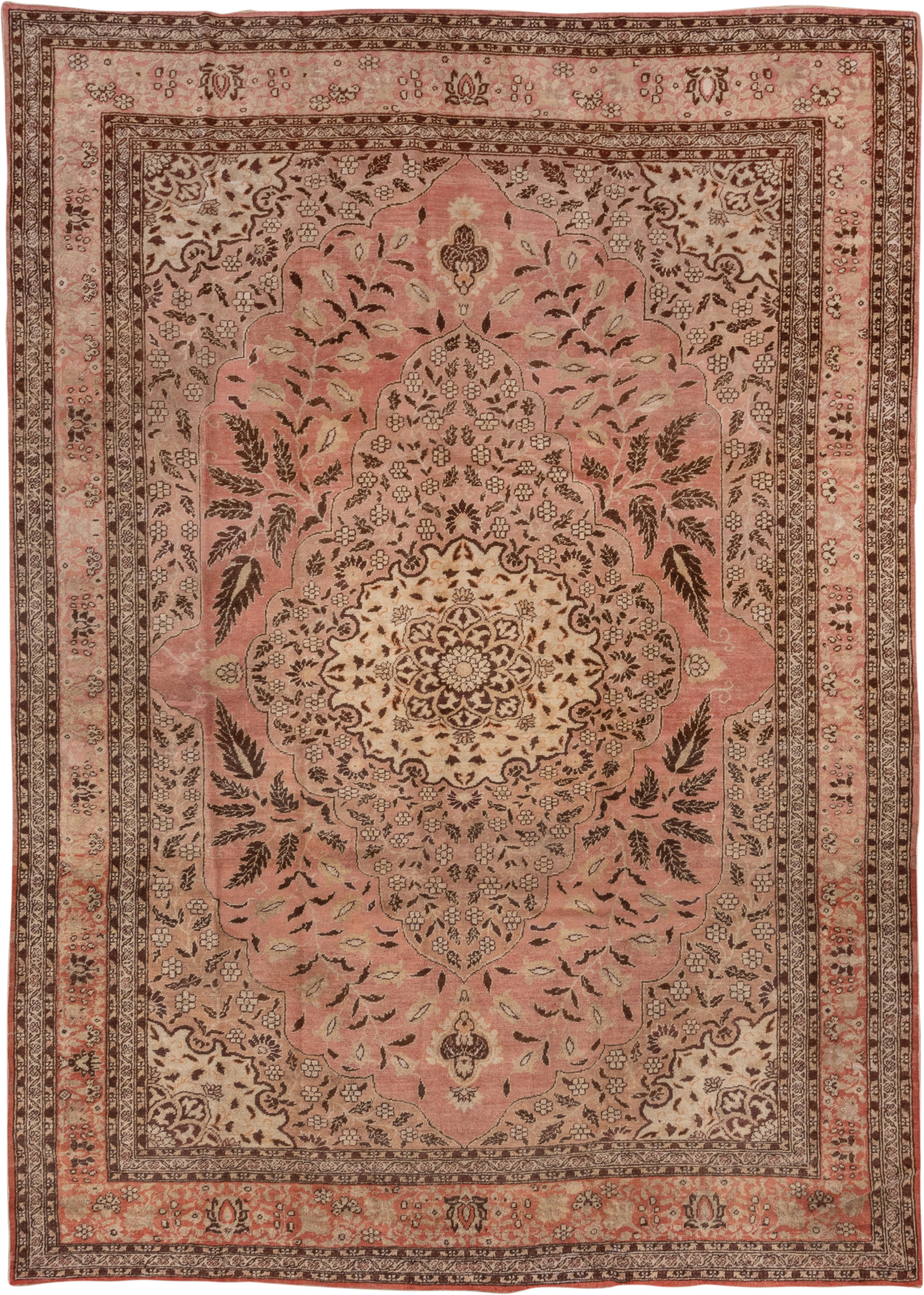 8' x 11' one-of-a-kind handmade vintage Oushak large size rug. Color palette: rose, taupe, brown, ivory, coral, blush, pink
