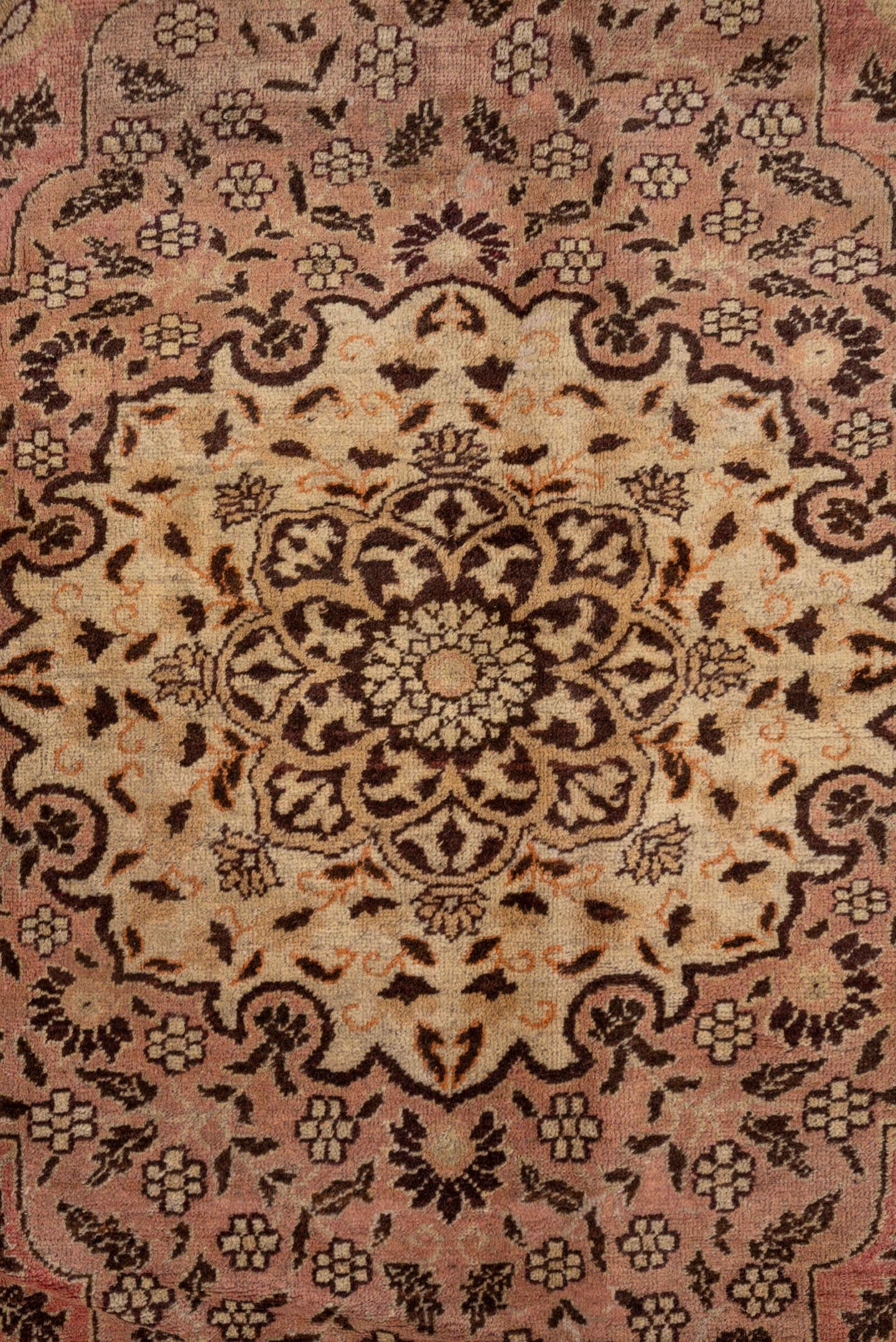 8' x 11' one-of-a-kind handmade vintage Oushak large size rug. Color palette: rose, taupe, brown, ivory, coral, blush, pink
