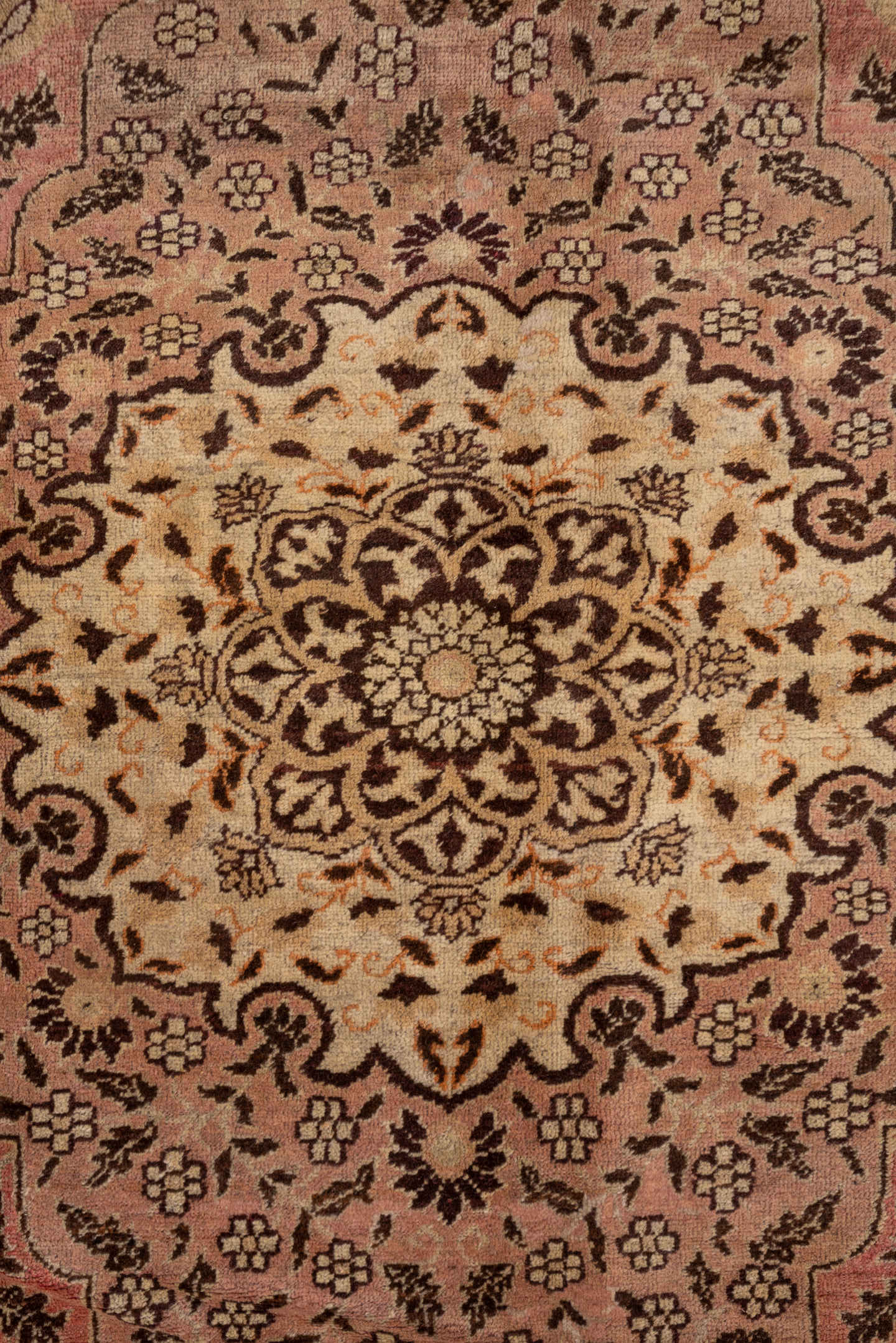 8' x 11' one-of-a-kind handmade vintage Oushak large size rug. Color palette: rose, taupe, brown, ivory, coral, blush, pink