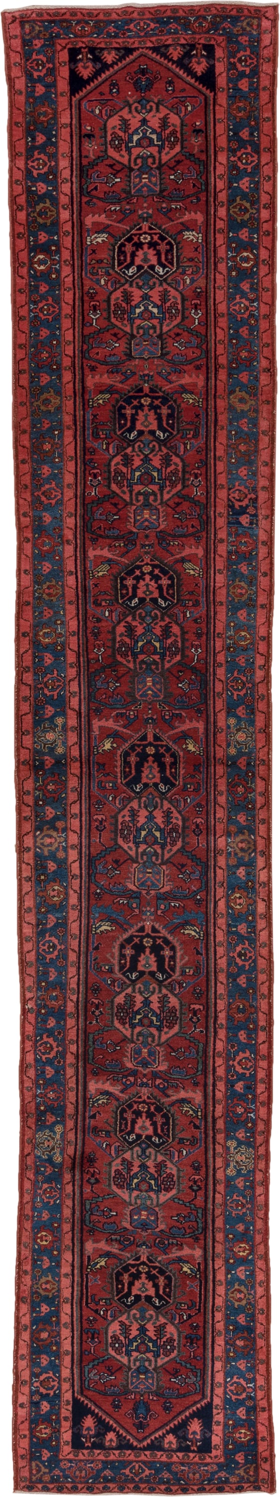 2' x 16' one-of-a-kind handmade vintage Malayer runner rug. Color palette: rust, navy, crimson, indigo, coral, ivory