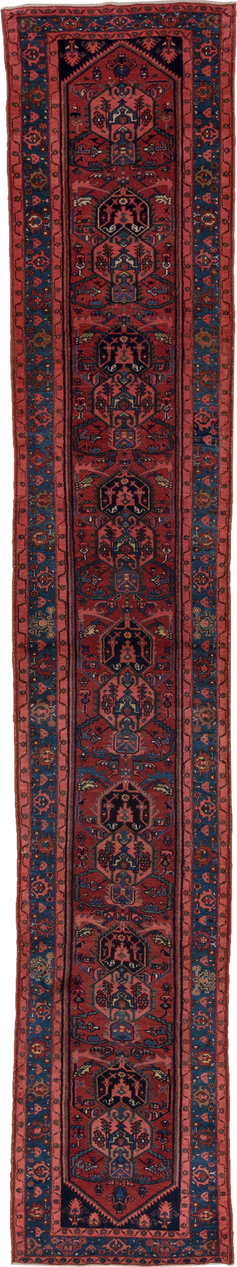 2' x 16' one-of-a-kind handmade vintage Malayer runner rug. Color palette: rust, navy, crimson, indigo, coral, ivory